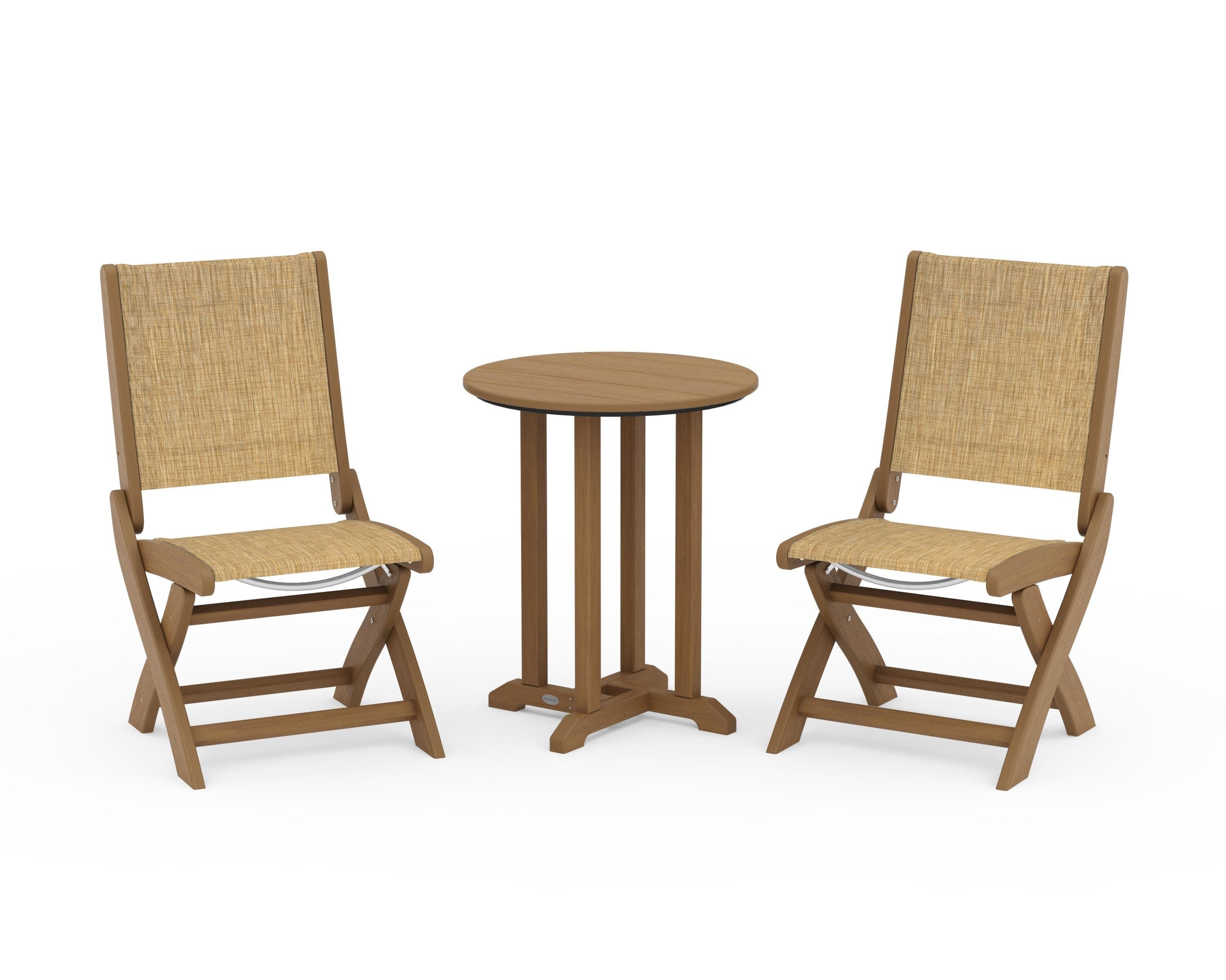 Coastal Folding Side Chair 3-Piece Round Bistro Dining Set in Natural / Burlap Sling