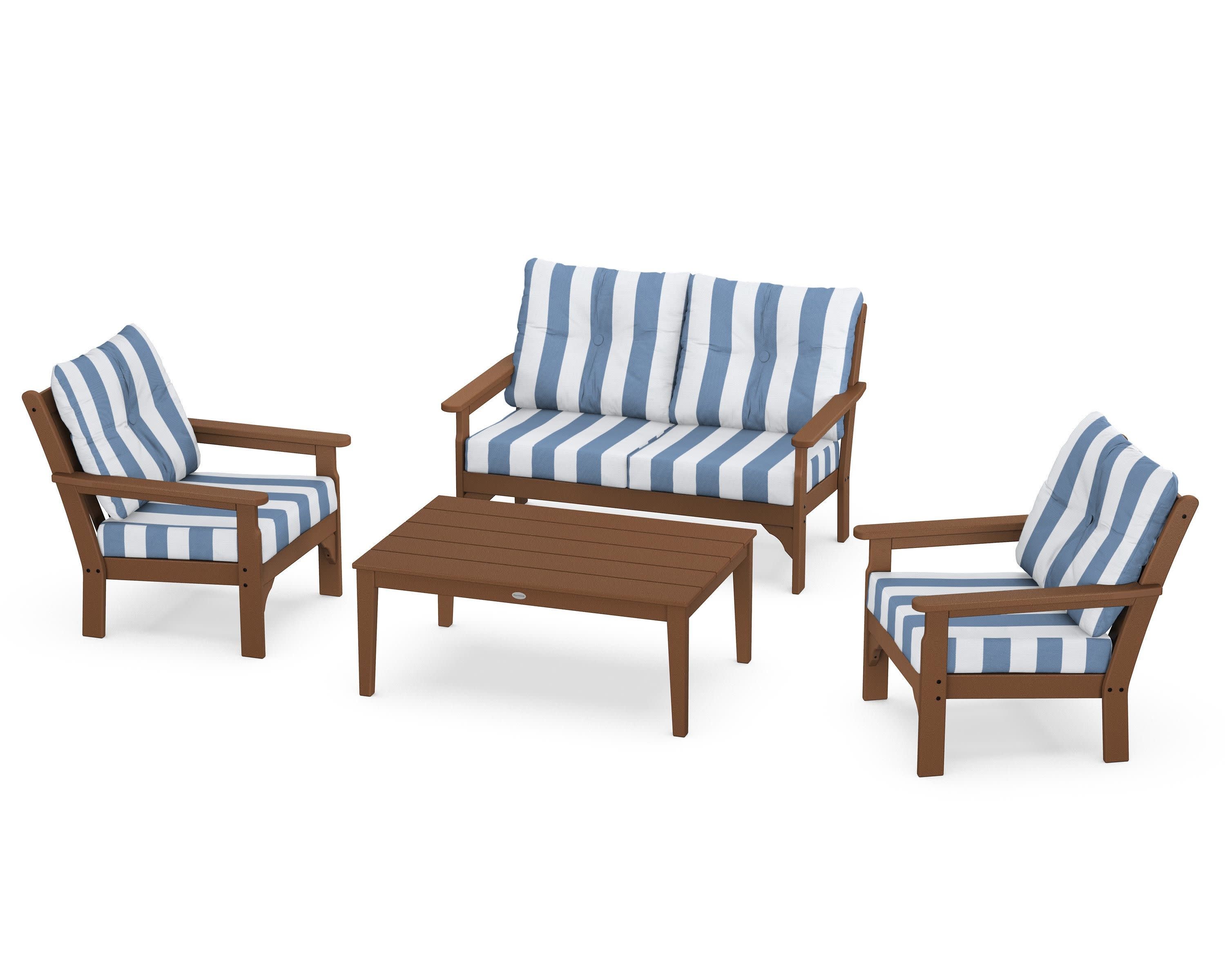 Vineyard 4-Piece Deep Seating Set in Teak / Cabana Stripe Sky Blue