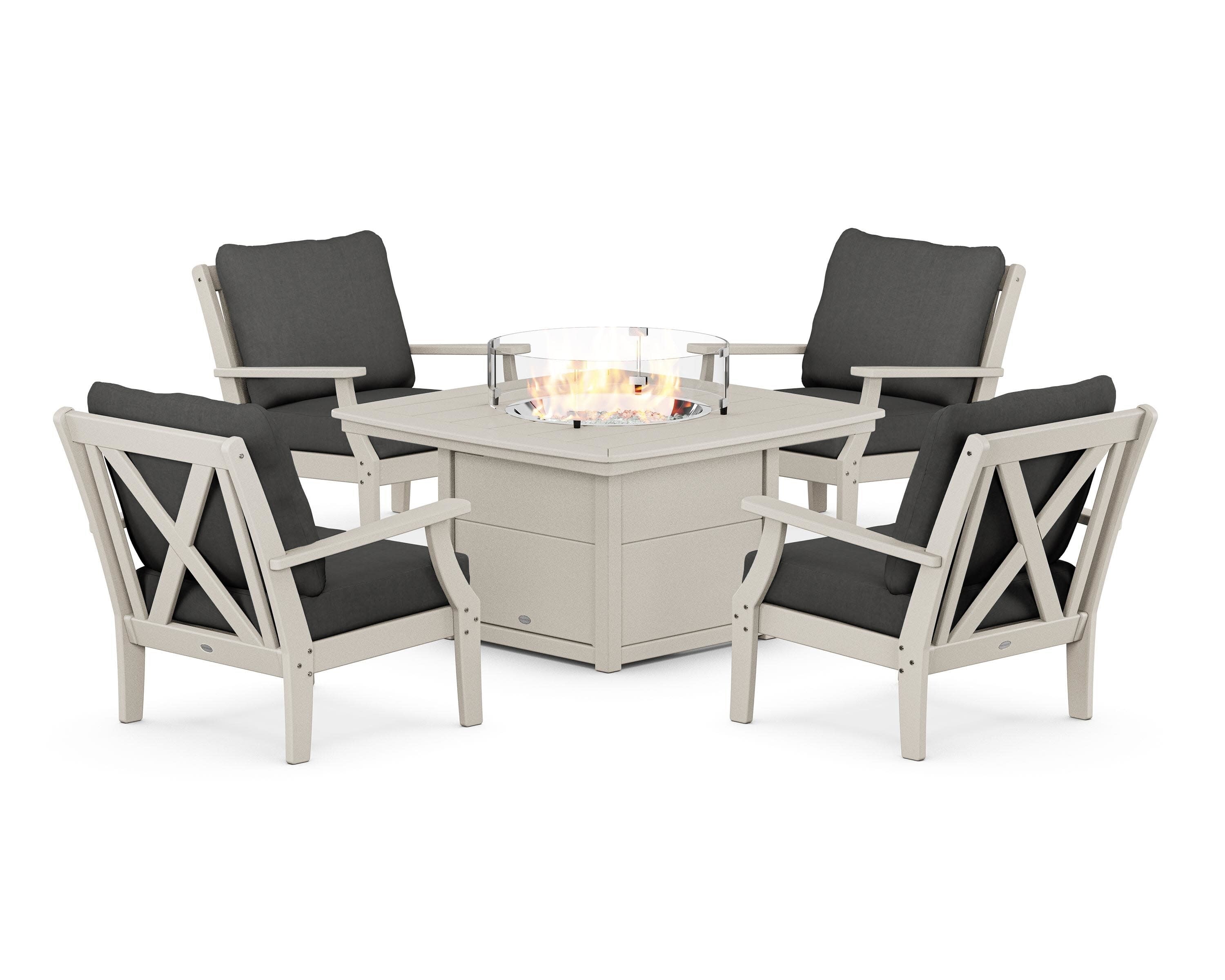 Braxton 5-Piece Deep Seating Conversation Set with Fire Pit Table in Sand / Spectrum Carbon