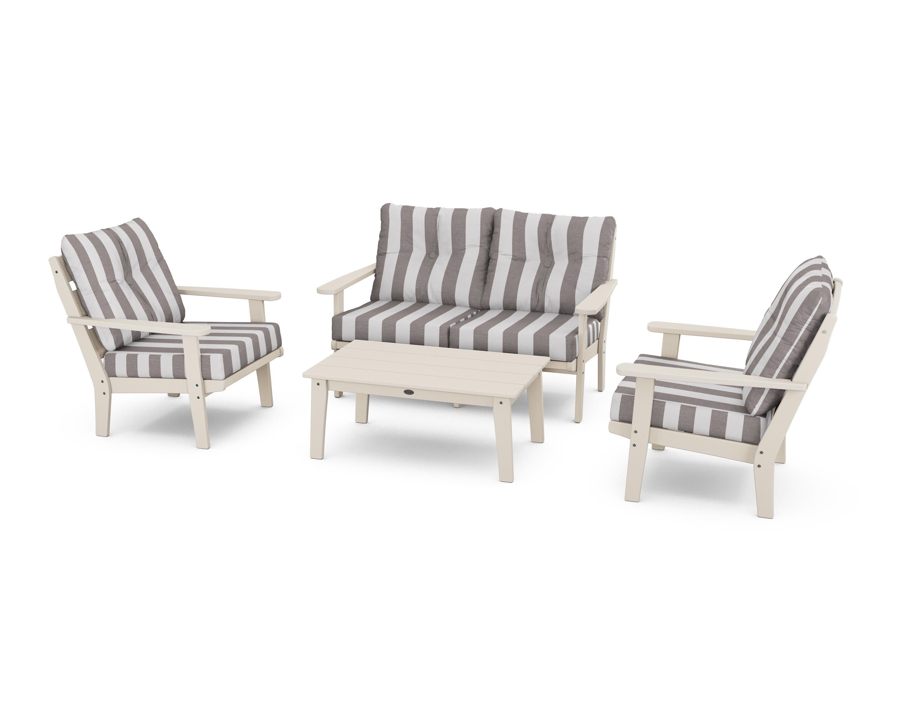 Lakeside 4-Piece Deep Seating Set in Sand / Cabana Stripe Grey Mist