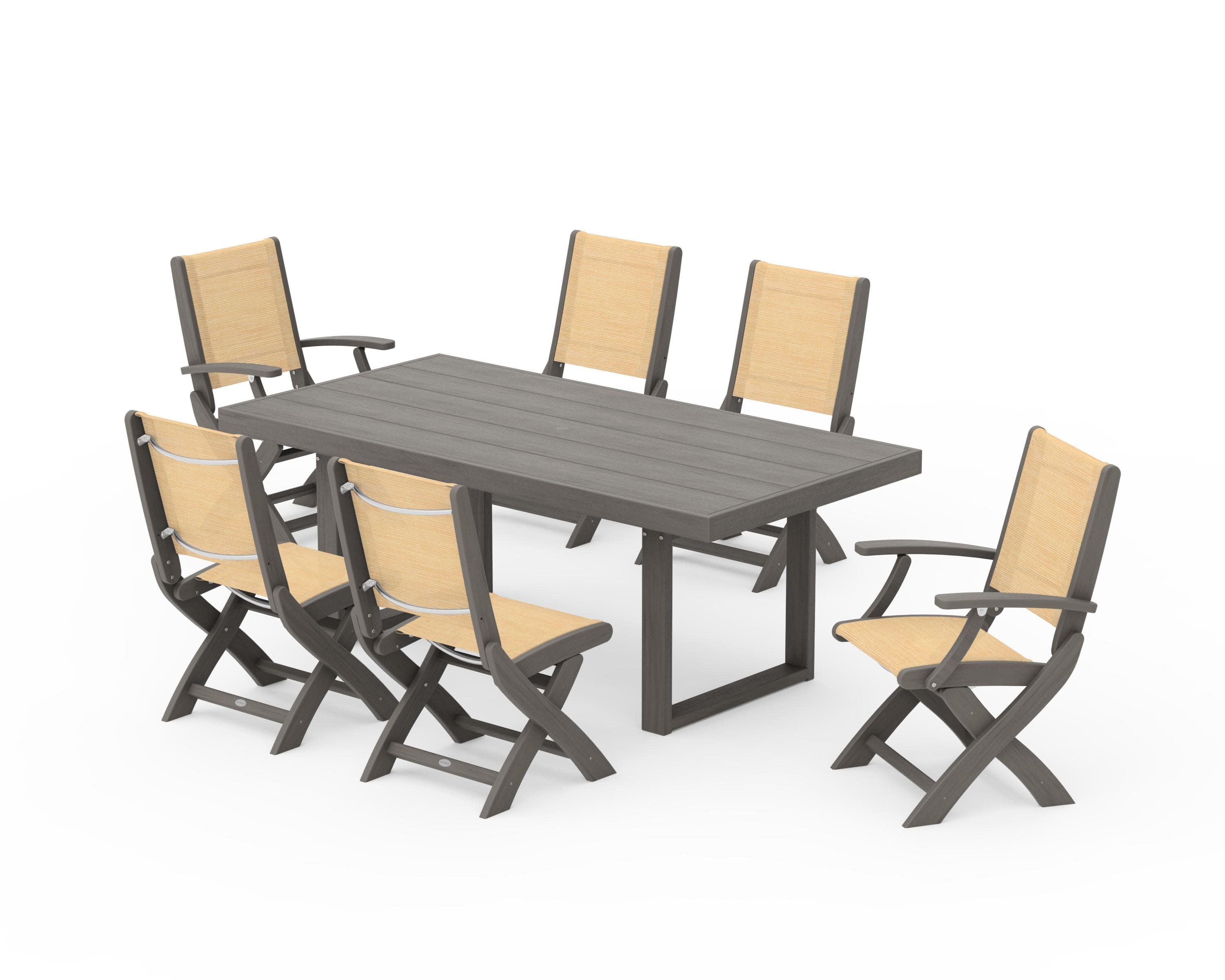 Coastal Folding Chair 7-Piece Dining Set with Trestle Legs in Driftwood / Dupioni Apricot Sling
