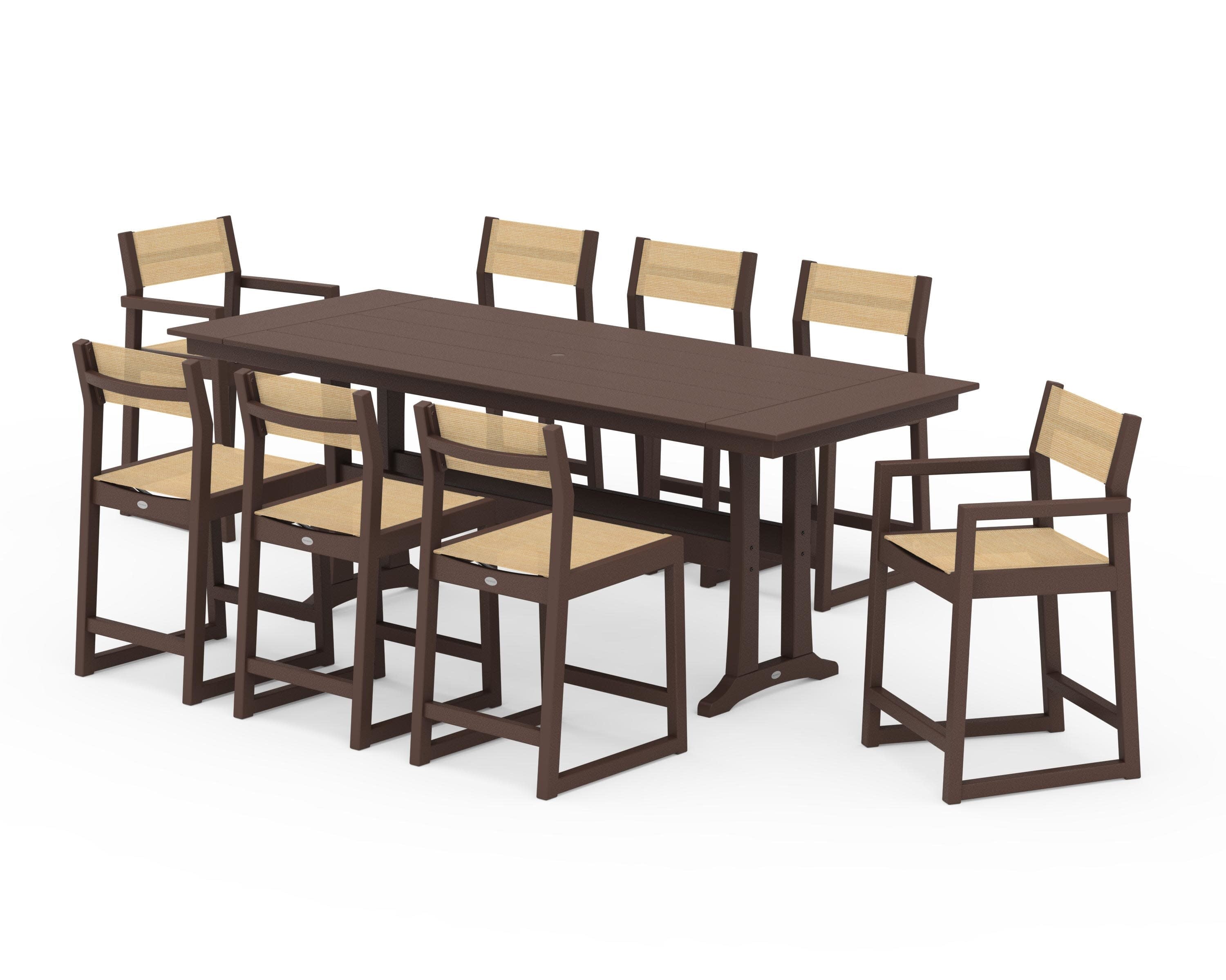 EDGE Sling 9-Piece Farmhouse Counter Set with Trestle Legs in Mahogany / Dupioni Apricot Sling