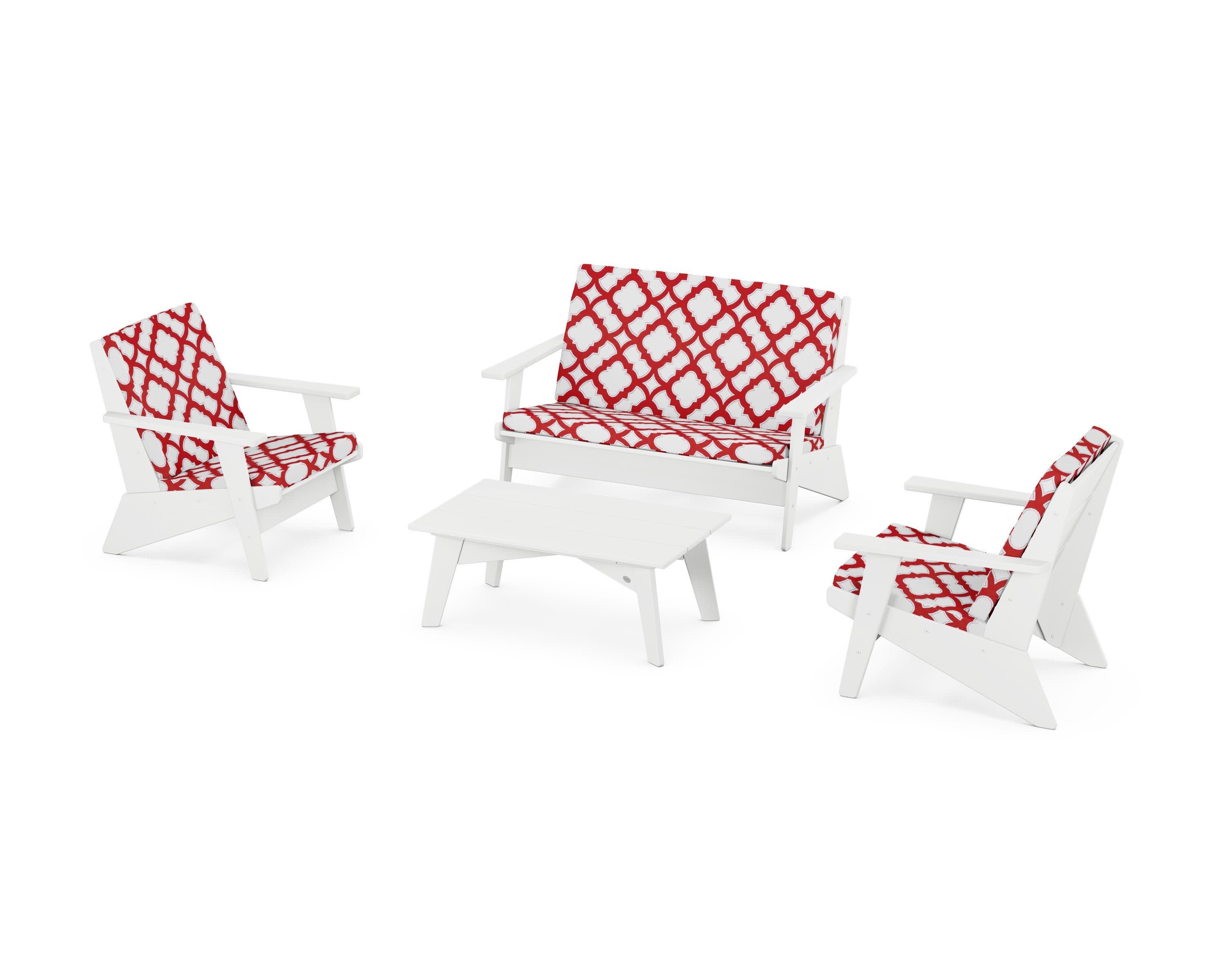 Riviera Modern Lounge 4-Piece Set in White / Trellis Crimson
