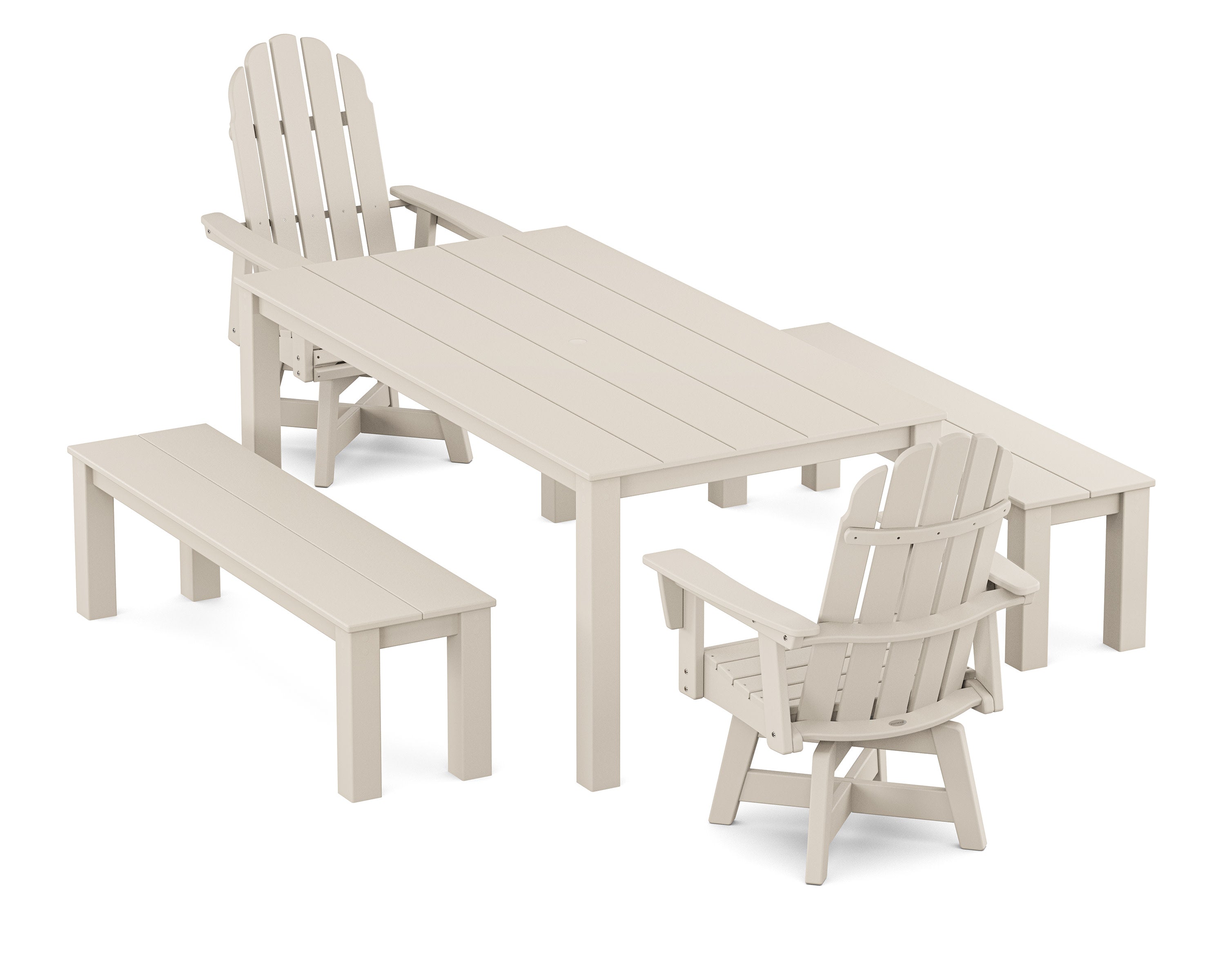 Vineyard Curveback Adirondack 5-Piece Parsons Swivel Dining Set with Benches in Sand