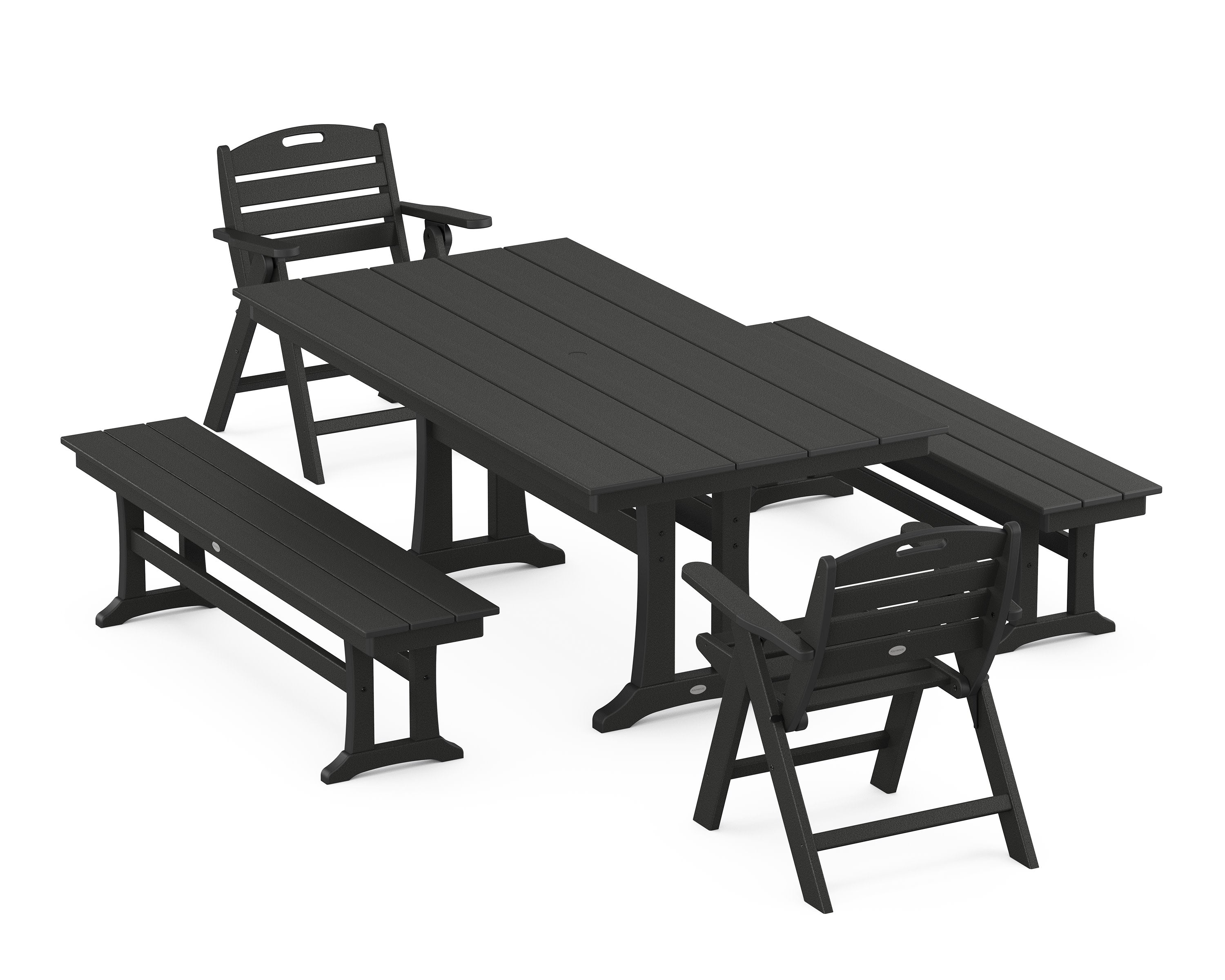 Nautical Folding Lowback Chair 5-Piece Farmhouse Dining Set With Trestle Legs in Black