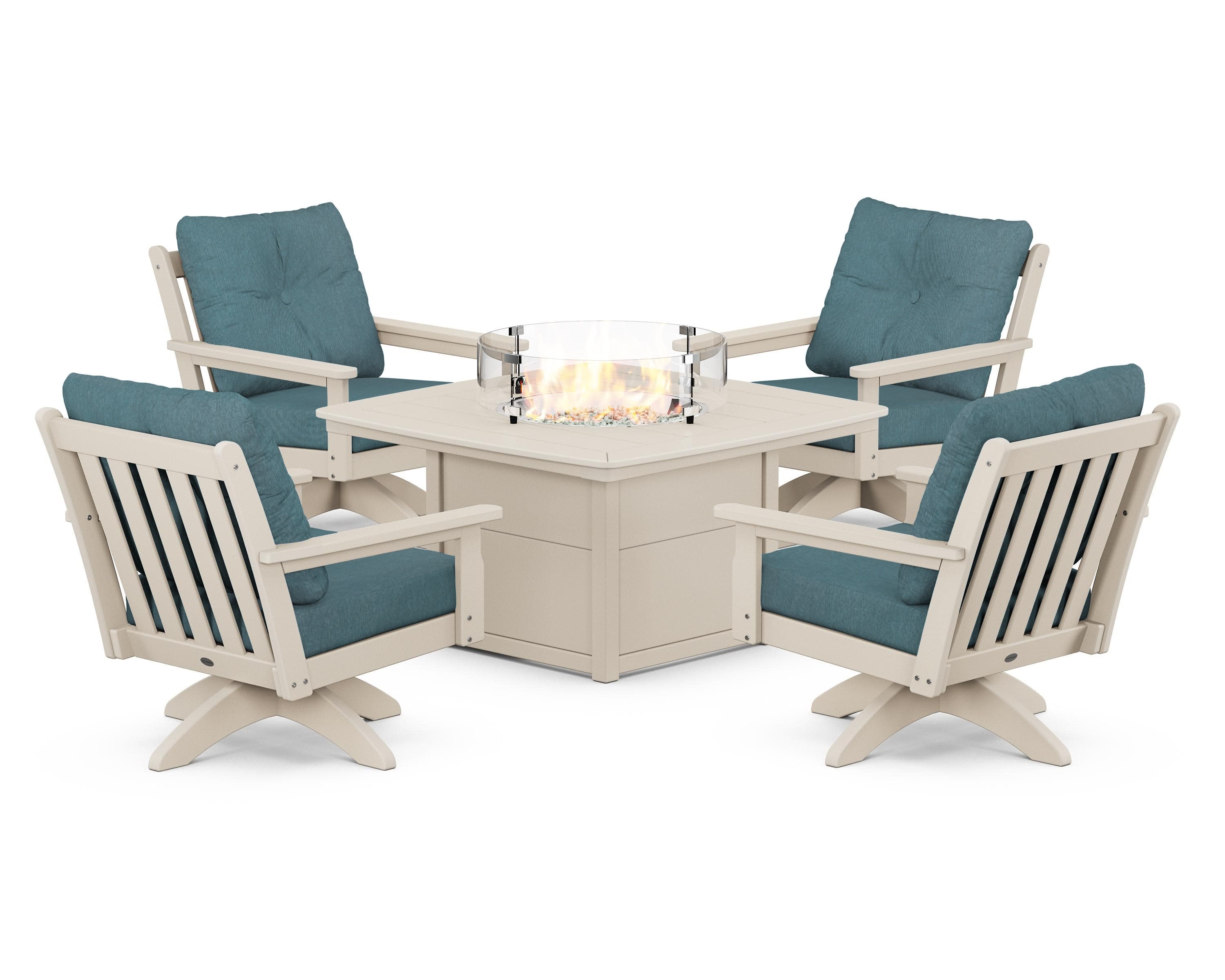 Vineyard 5-Piece Deep Seating Swivel Conversation Set with Fire Pit Table in Sand / Ocean Teal
