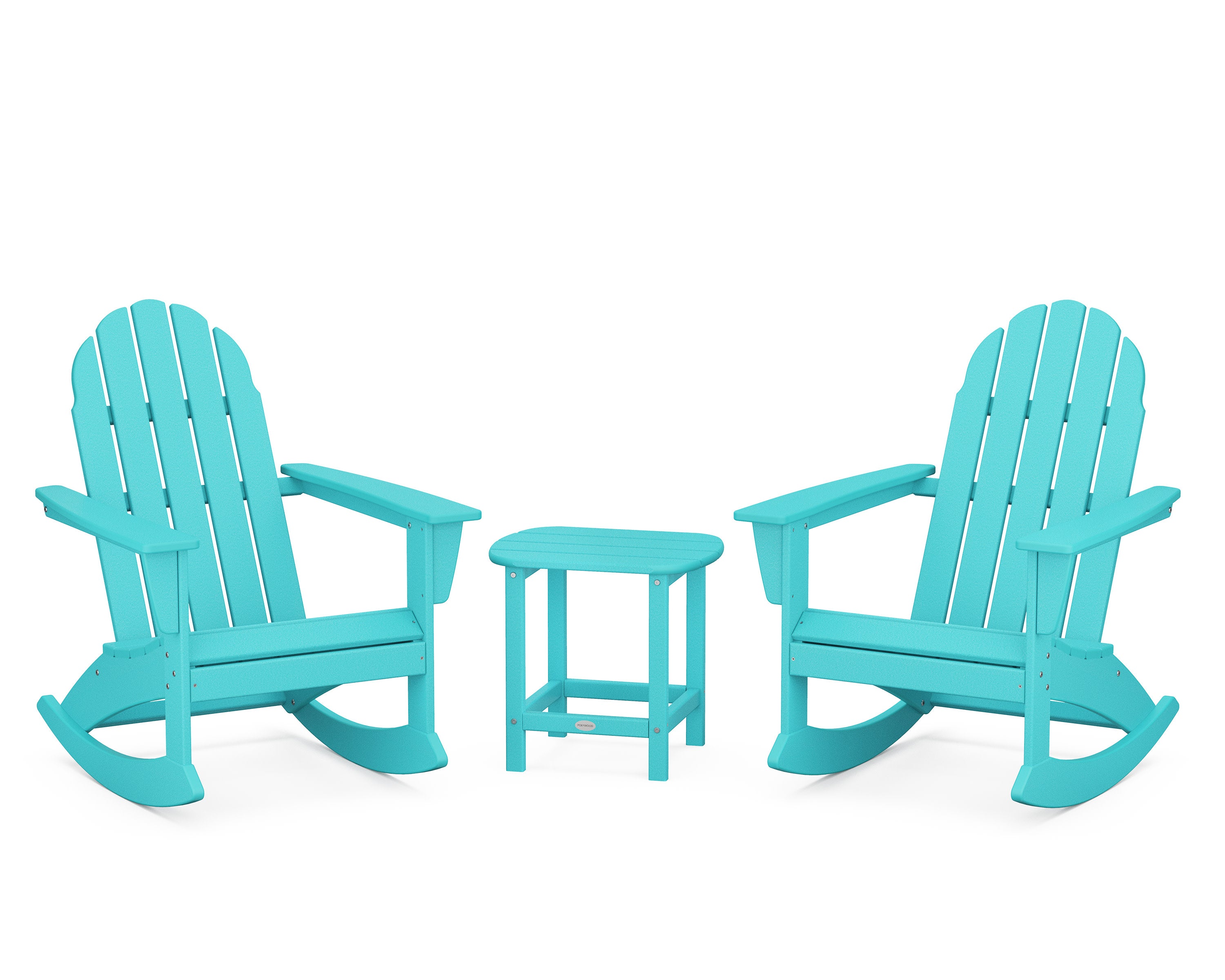 Vineyard 3-Piece Adirondack Rocking Chair Set with South Beach 18" Side Table in Aruba