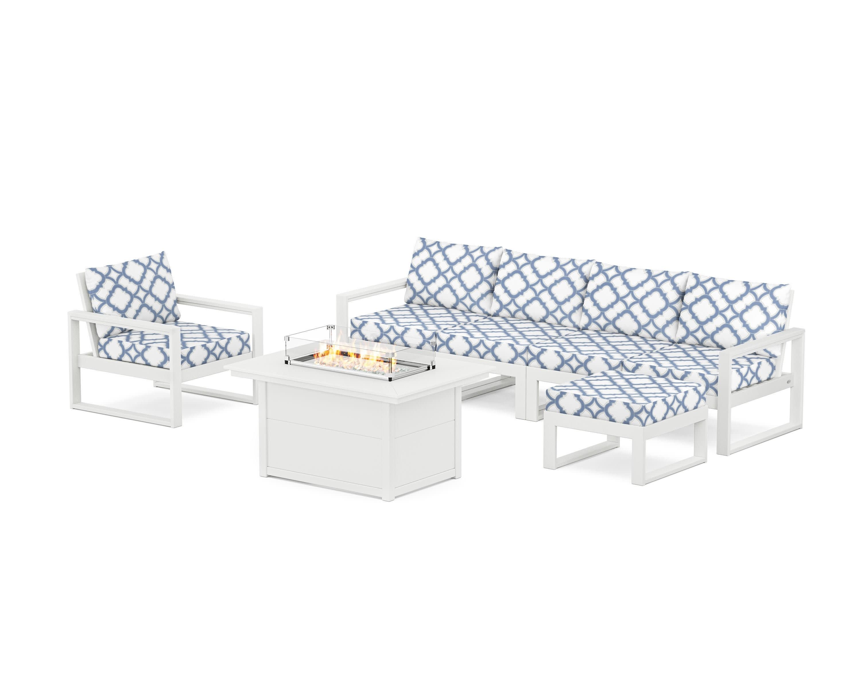 EDGE Sectional Lounge and Fire Pit Set in White / Trellis Sky Blue