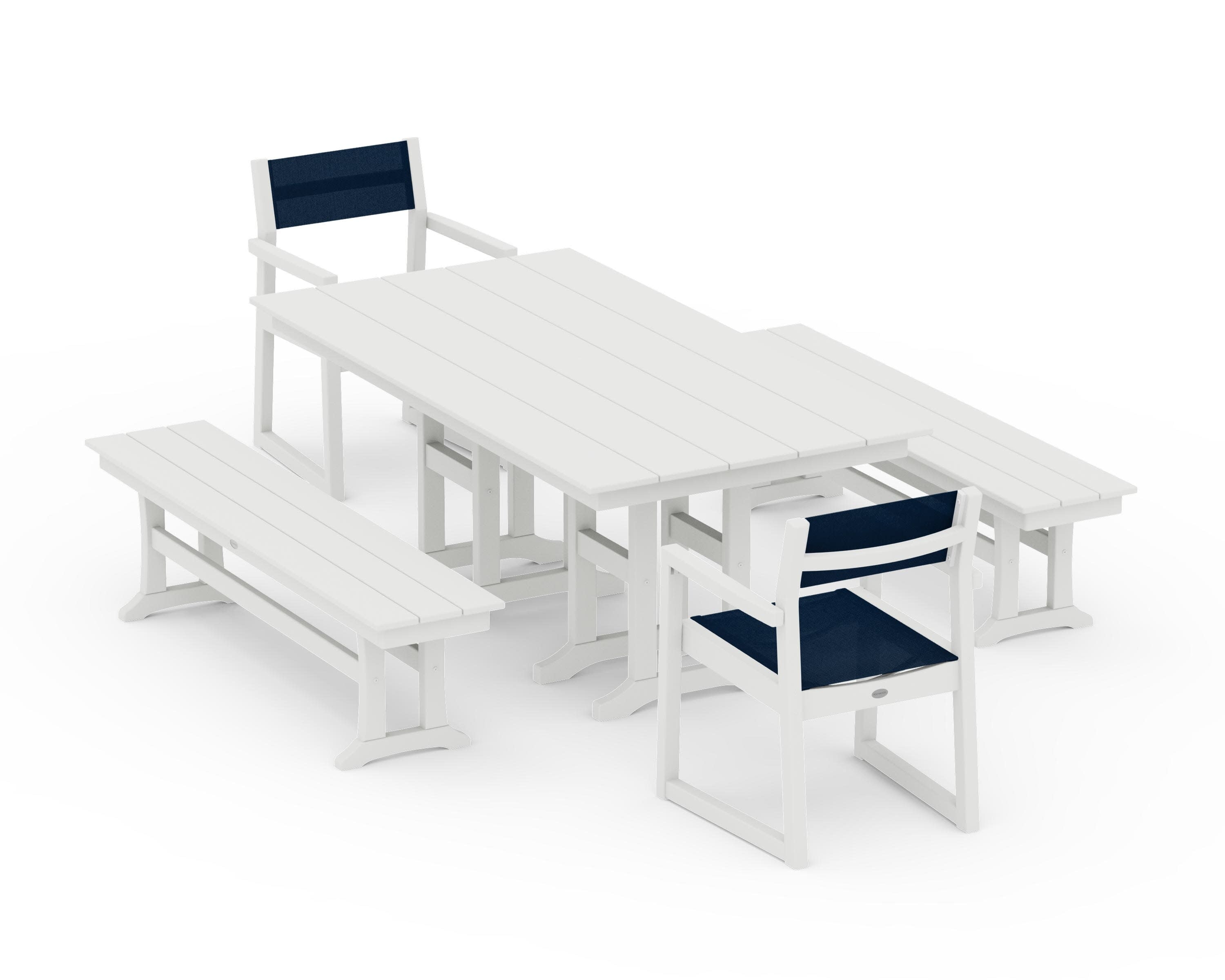 EDGE Sling Arm Chair 5-Piece Farmhouse Dining Set with Benches in Vintage White / Navy Blue Sling