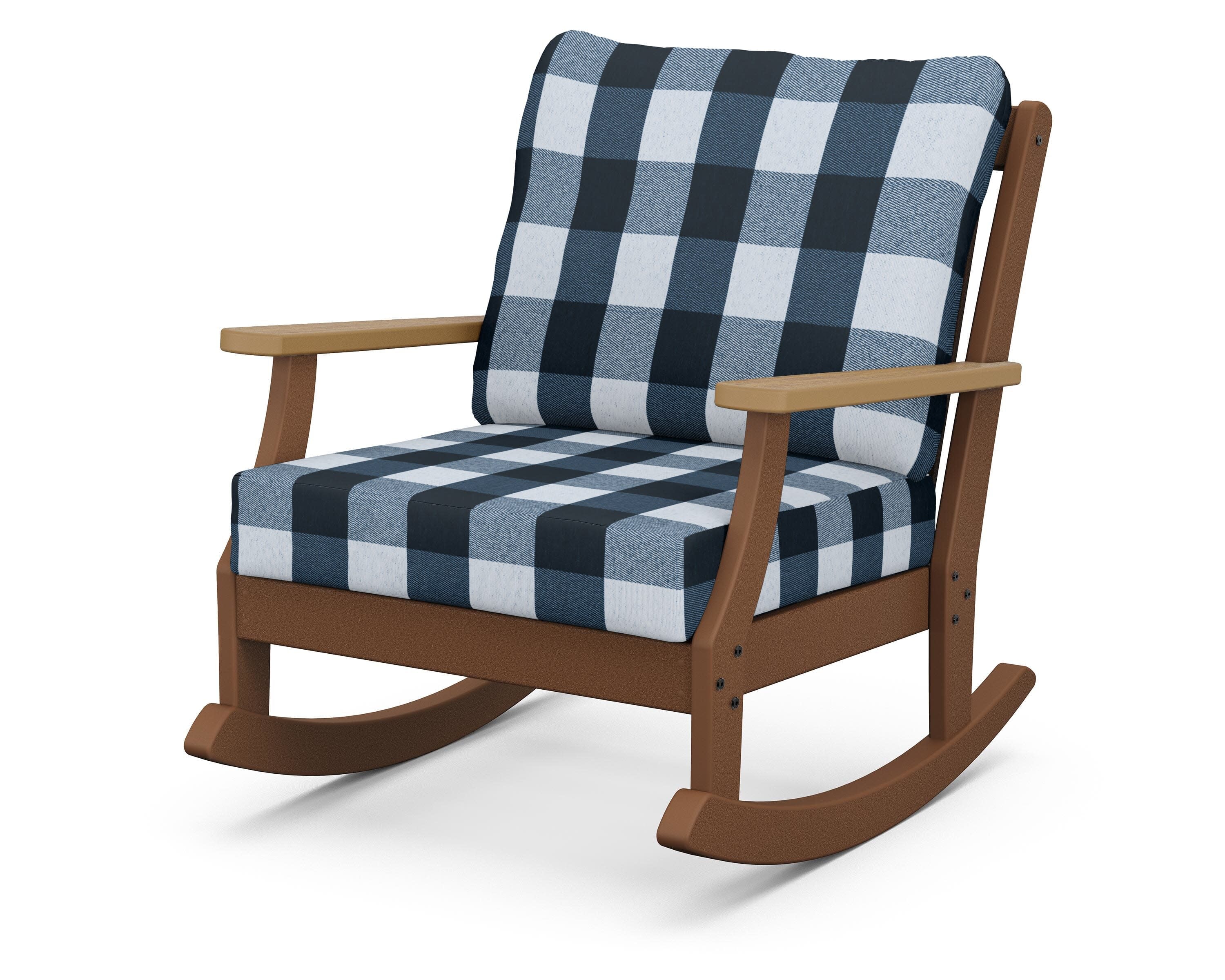 Braxton Deep Seating Rocking Chair in Teak / Natural / Buffalo Plaid Marine Indigo