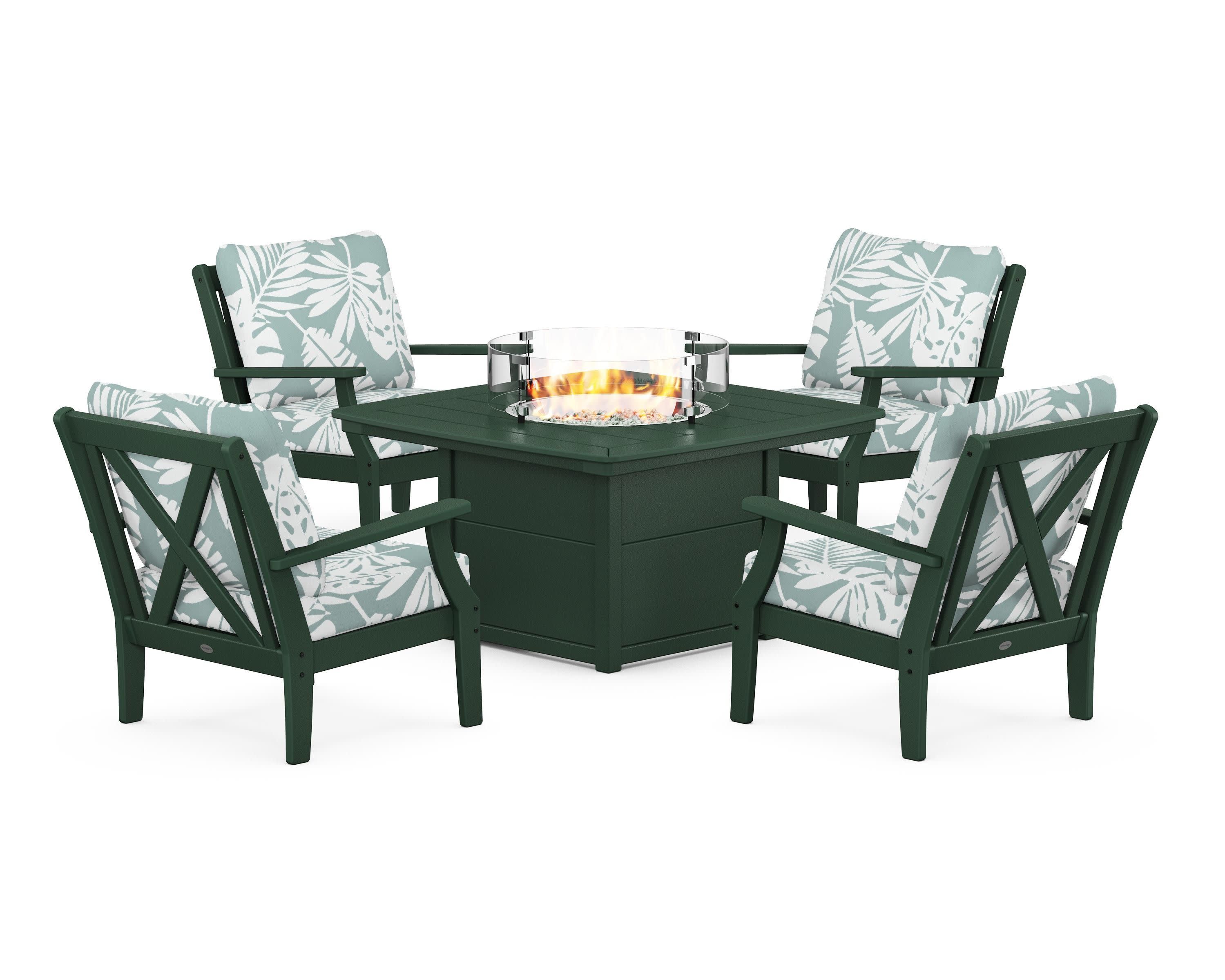 Braxton 5-Piece Deep Seating Conversation Set with Fire Pit Table in Green / Leaf Glacier Spa