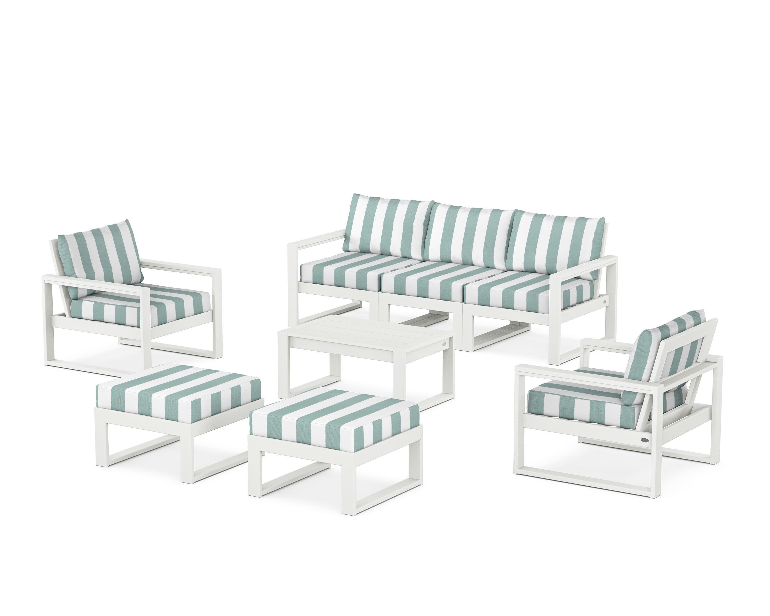 EDGE Sectional 8-Piece Lounge Sofa Set in Vintage White / Cabana Stripe Glacier Spa