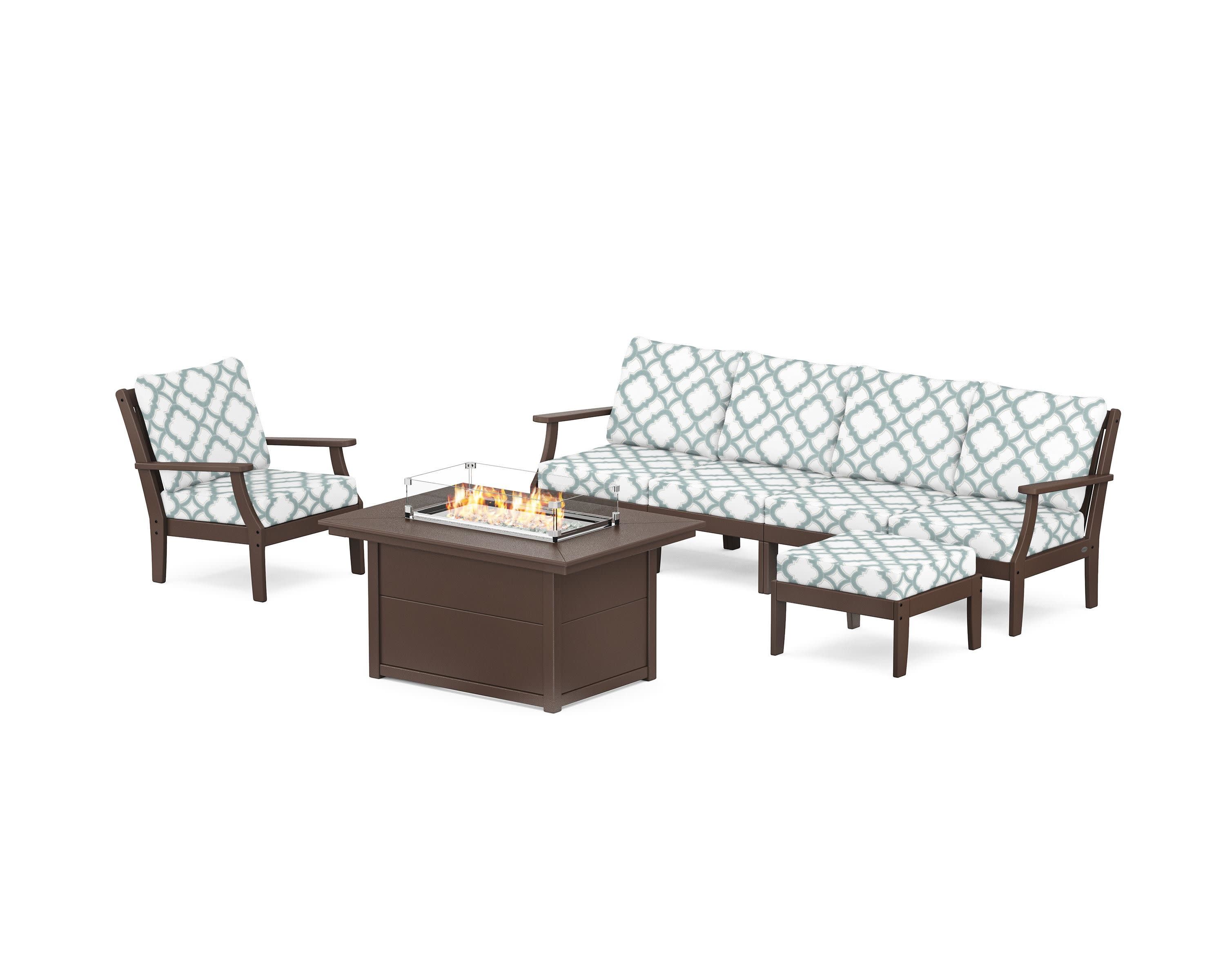 Braxton Sectional Lounge and Fire Pit Set in Mahogany / Trellis Glacier Spa