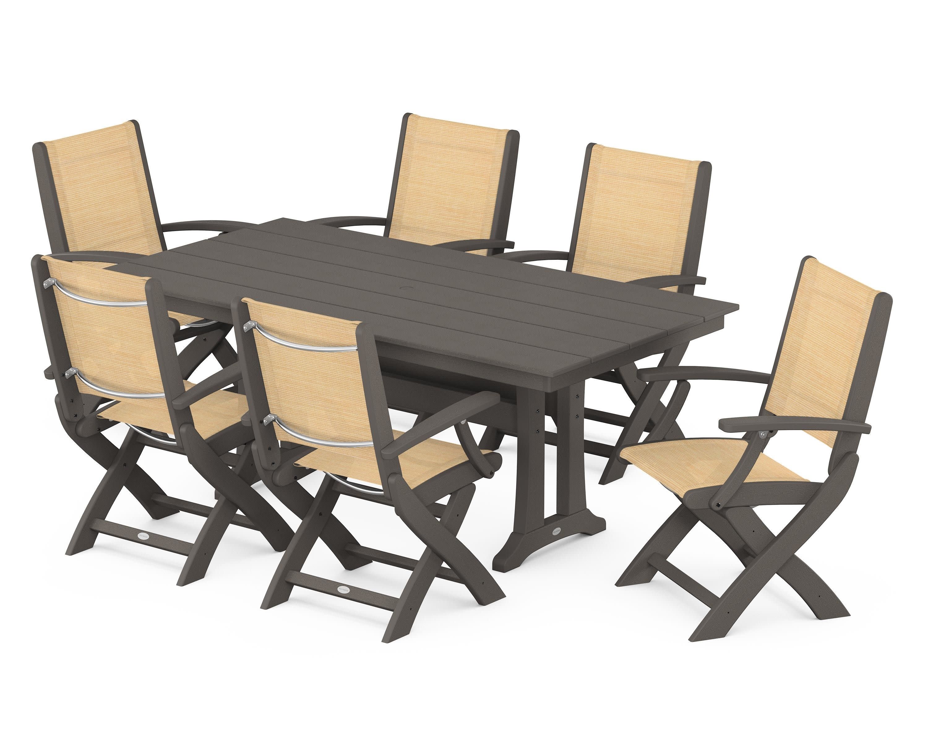 Coastal Folding Arm Chair 7-Piece Farmhouse Dining Set with Trestle Legs in Vintage Coffee / Dupioni Apricot Sling