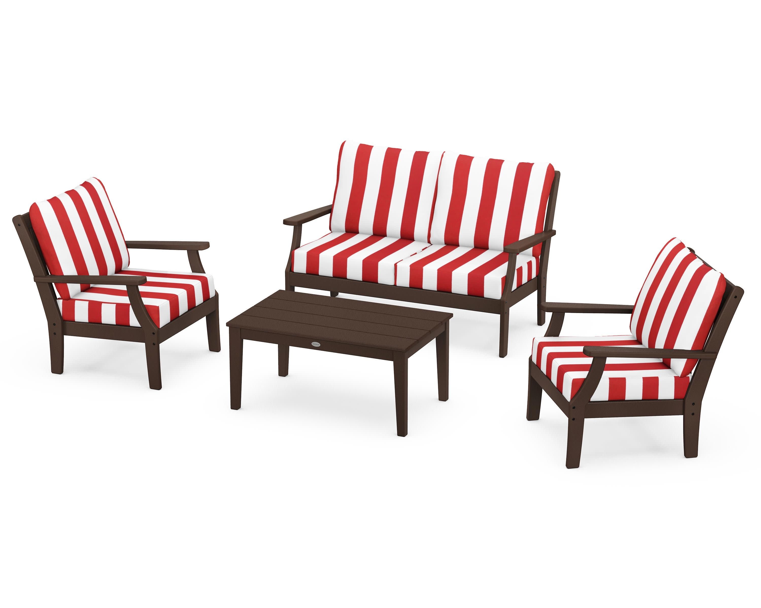 Braxton 4-Piece Deep Seating Chair Set in Mahogany / Cabana Stripe Crimson