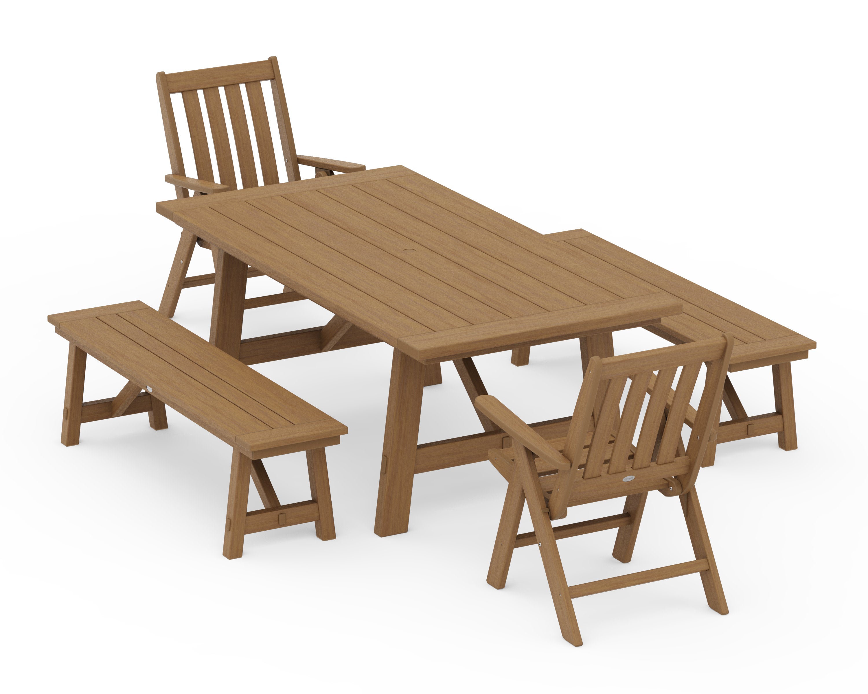 Vineyard Folding Chair 5-Piece Rustic Farmhouse Dining Set With Benches in Natural