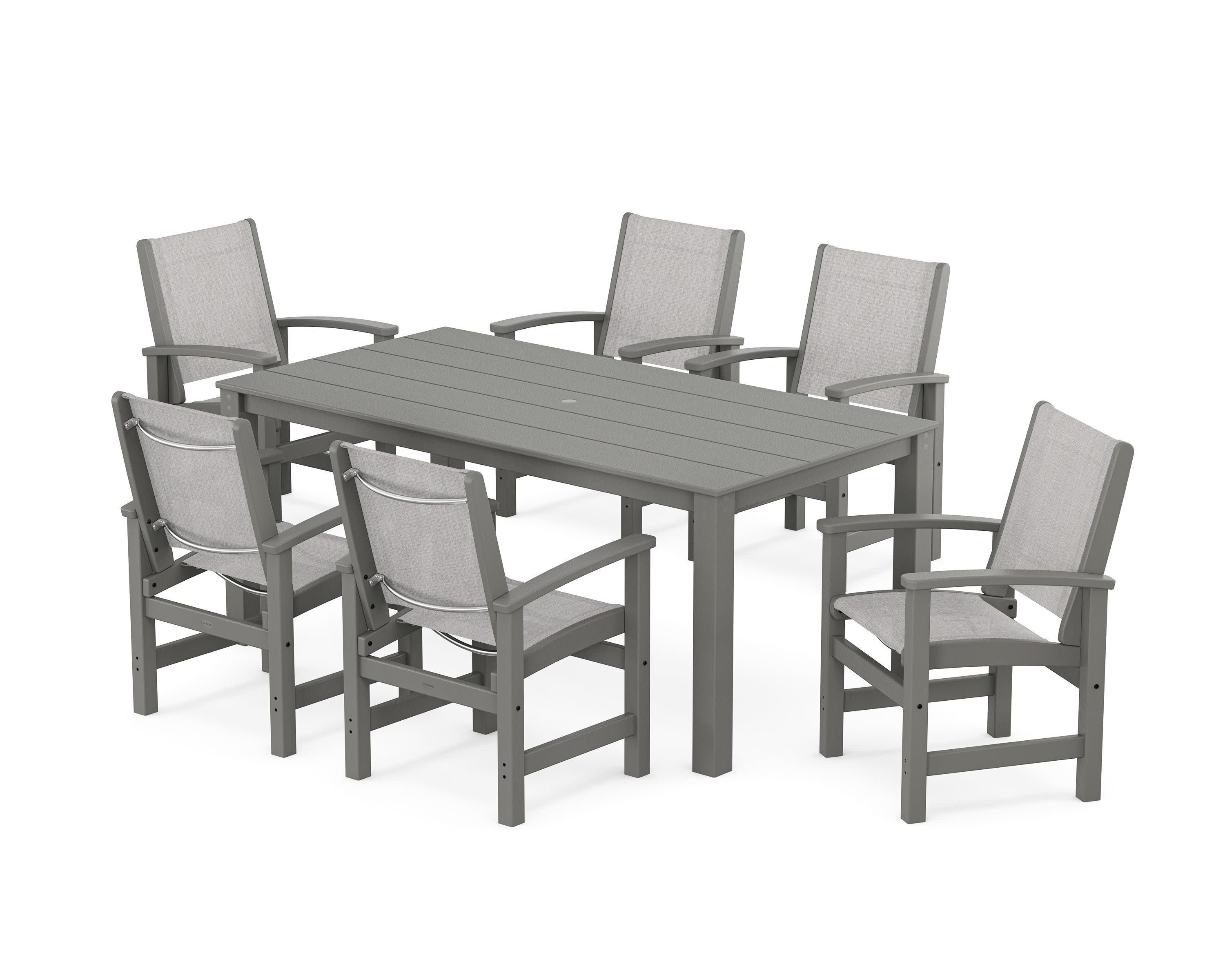 Coastal 7-Piece Parsons Dining Set in Black / Dupioni Aquamarine Sling