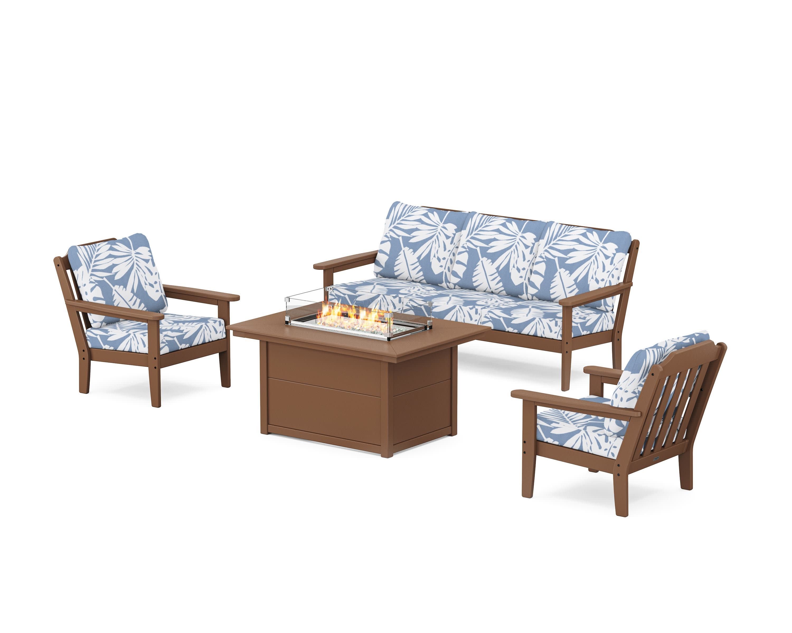 Cottage Deep Seating Fire Pit Table Set in Teak / Leaf Sky Blue