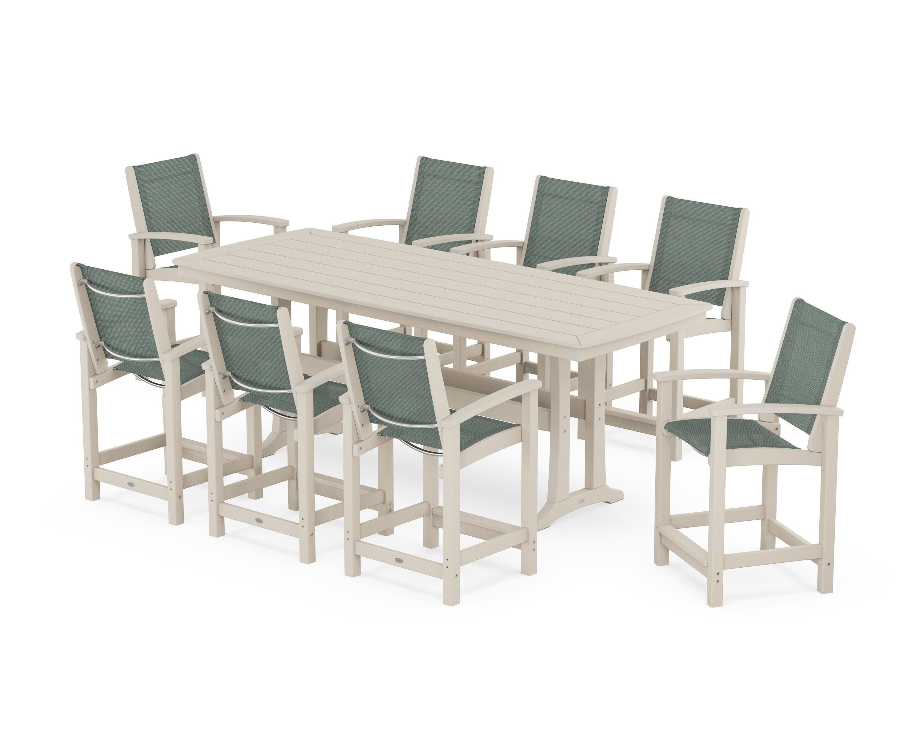 Coastal 9-Piece Counter Set with Trestle Legs in Sand / Dupioni Sea Mist Sling