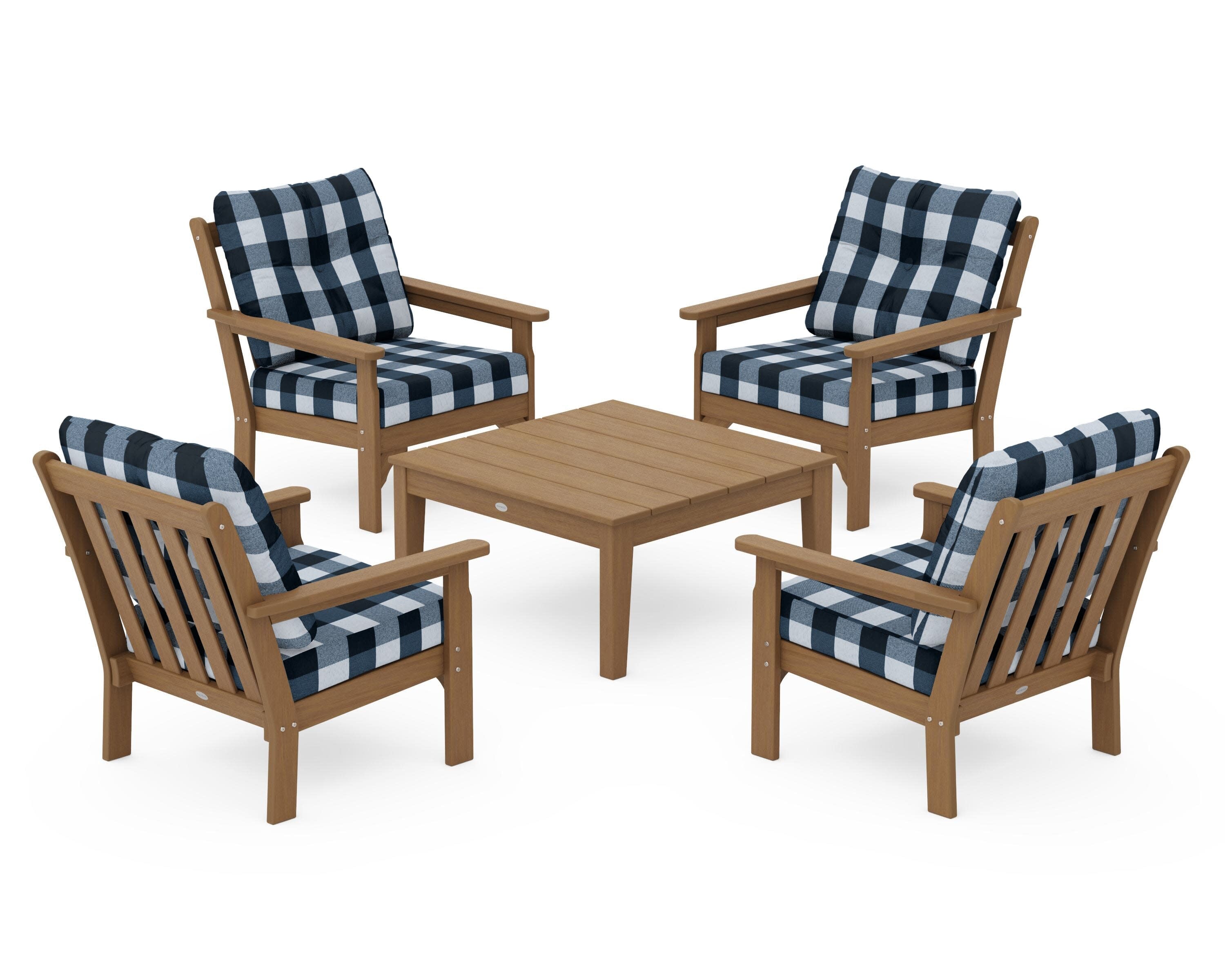 Vineyard 5-Piece Deep Seating Conversation Set in Natural / Buffalo Plaid Marine Indigo