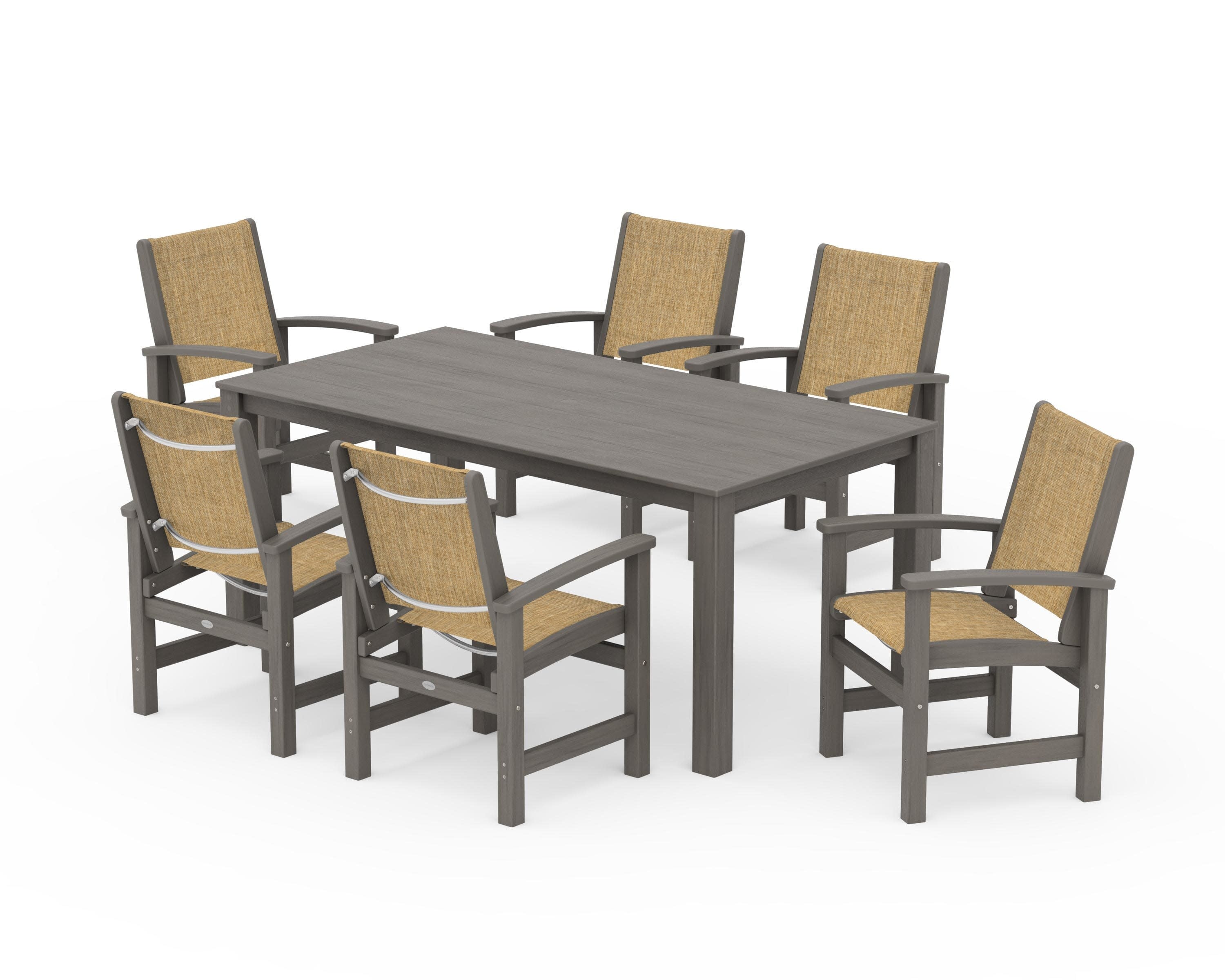 Coastal 7-Piece Parsons Dining Set in Driftwood / Burlap Sling