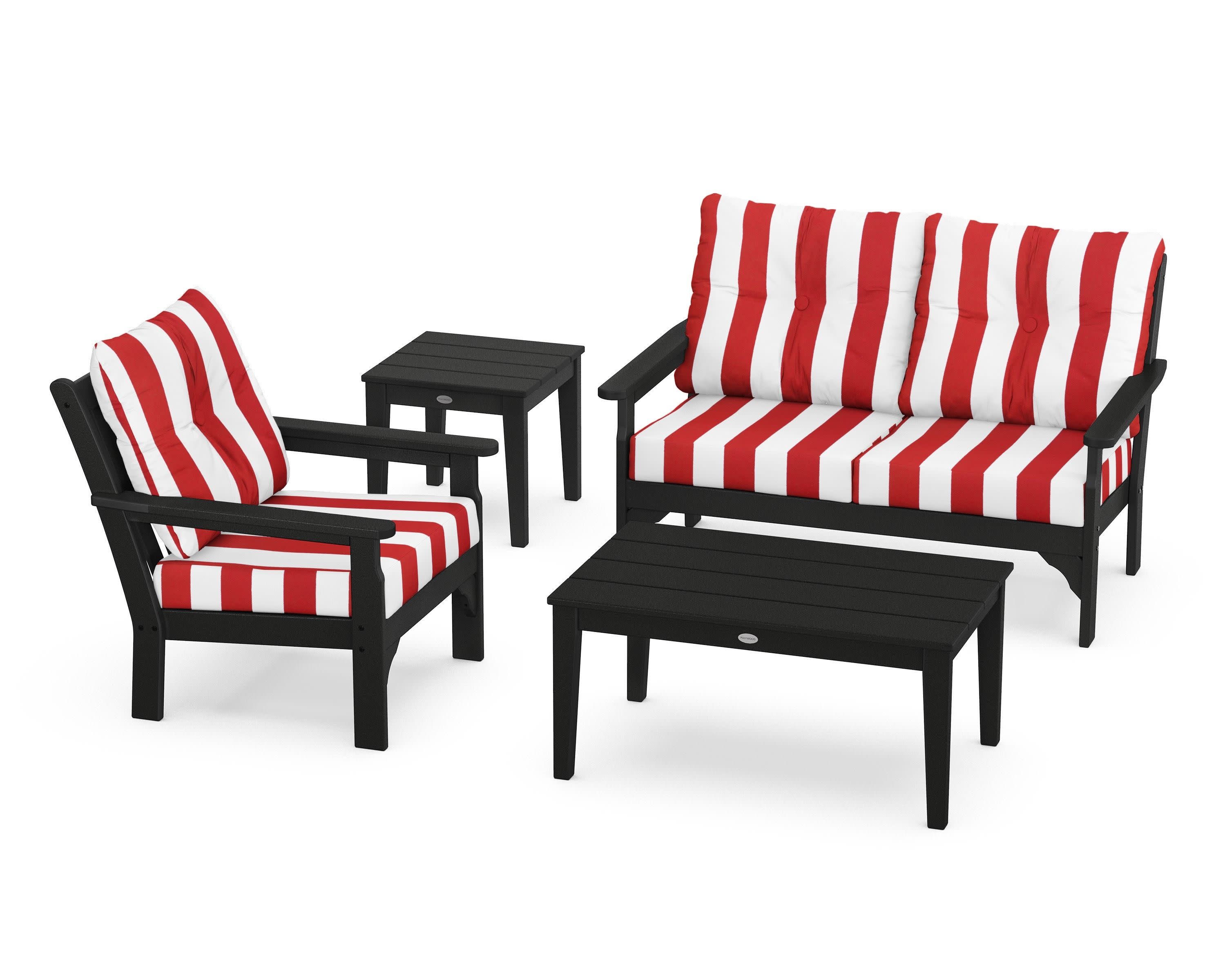 Vineyard 4-Piece Deep Seating Set in Black / Cabana Stripe Crimson