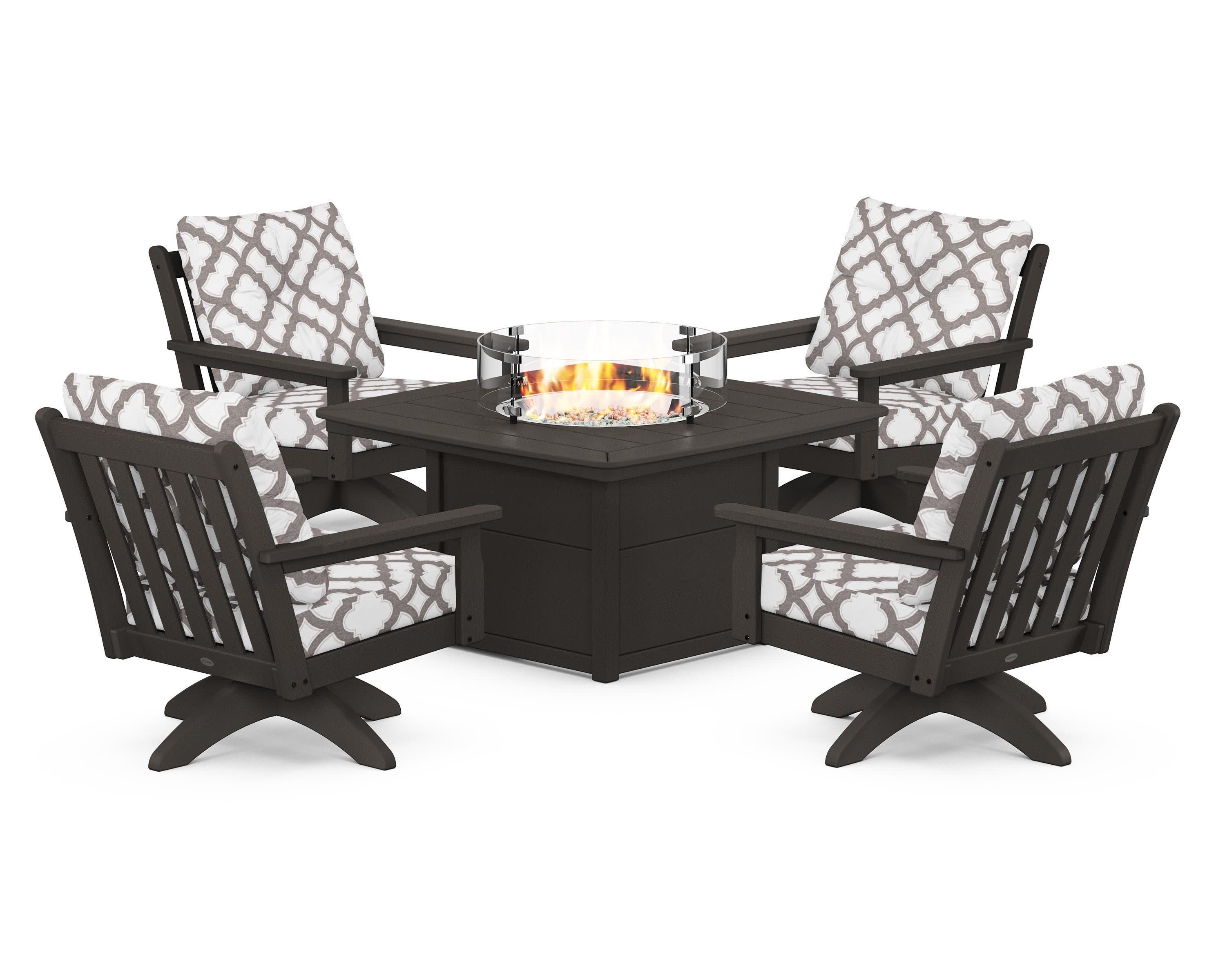 Vineyard 5-Piece Deep Seating Swivel Conversation Set with Fire Pit Table in Vintage Coffee / Trellis Grey Mist