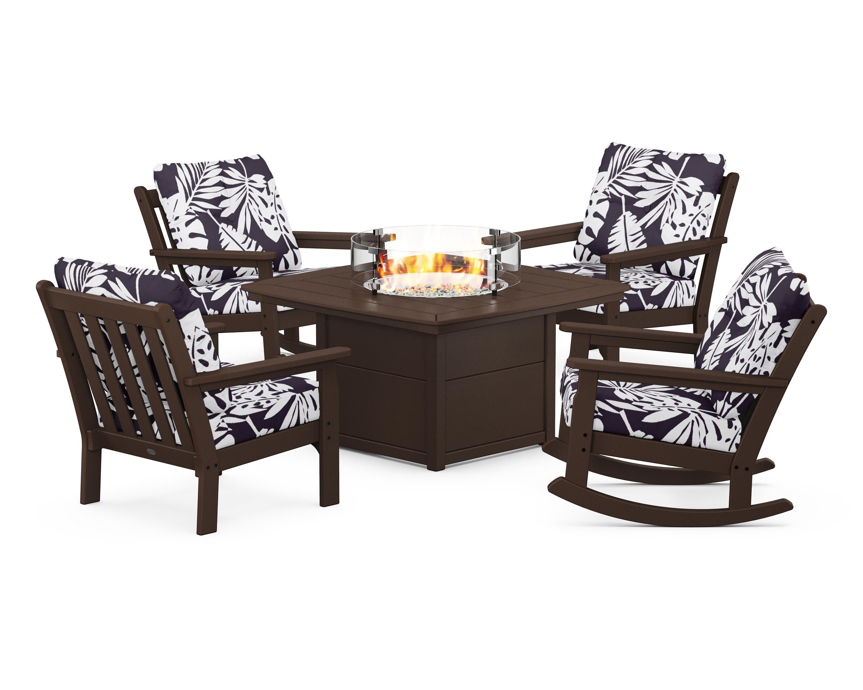 Vineyard 5-Piece Deep Seating Rocking Chair Conversation Set with Fire Pit Table in Mahogany / Leaf Navy