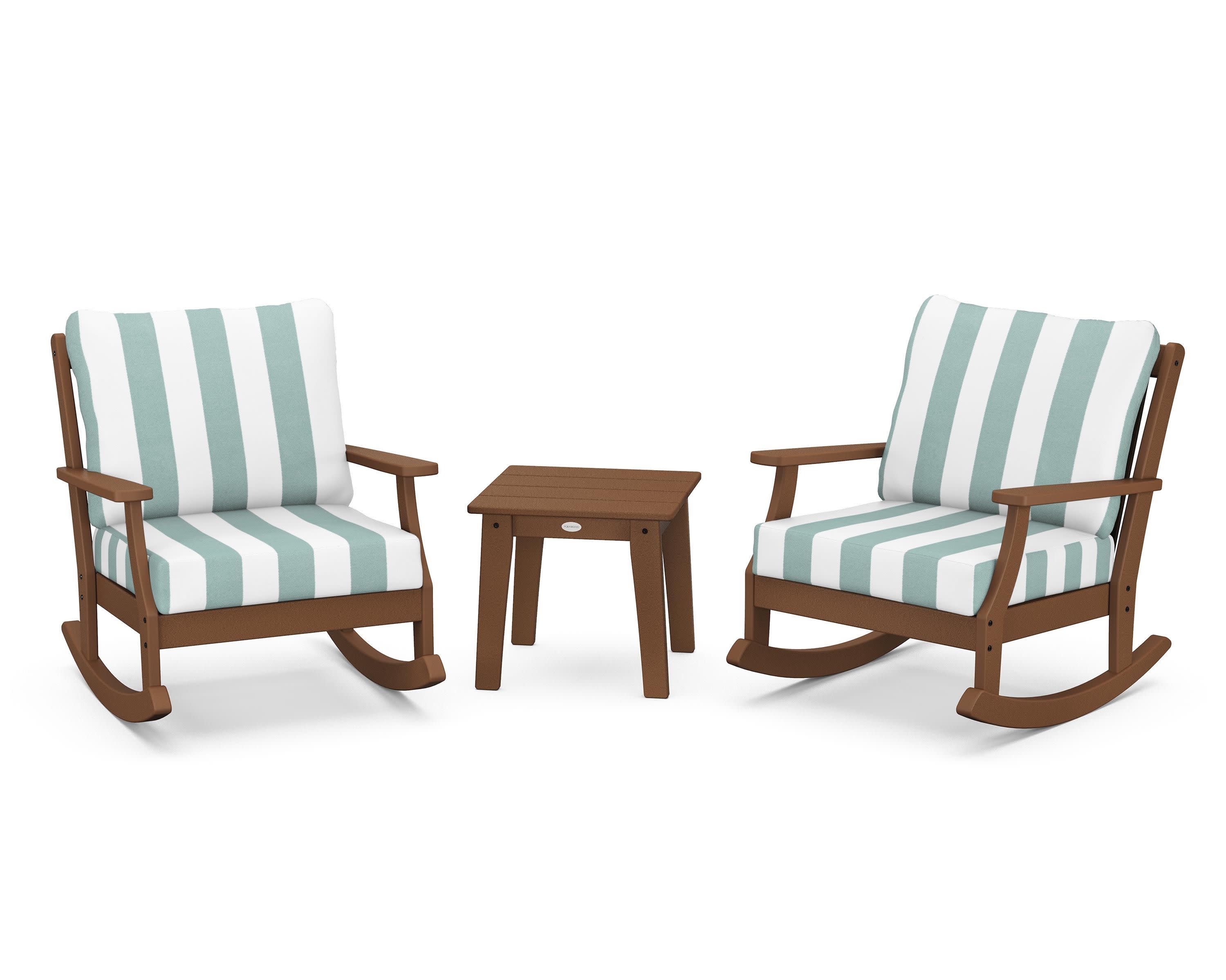 Braxton 3-Piece Deep Seating Rocker Set in Teak / Cabana Stripe Glacier Spa