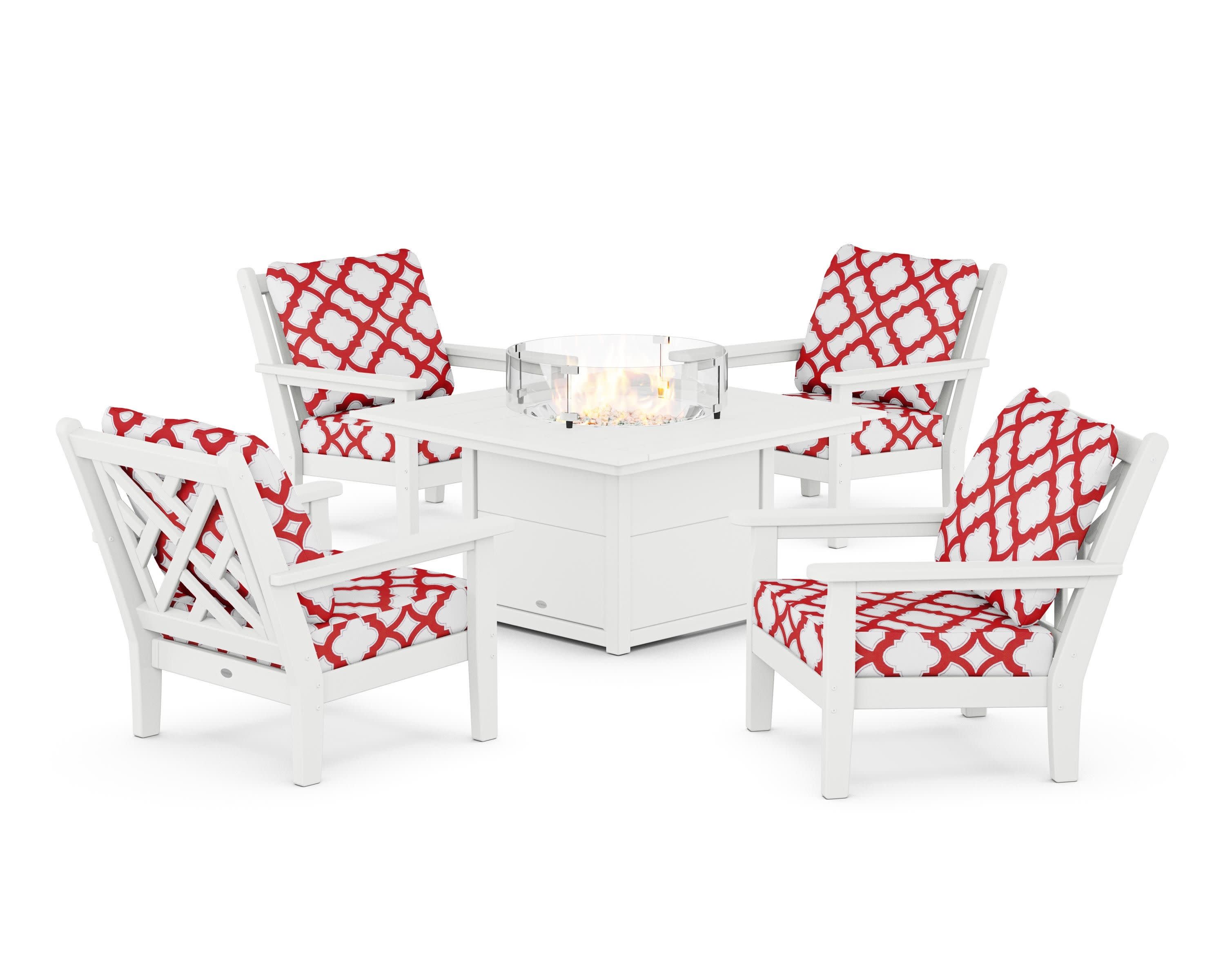 Chippendale 5-Piece Deep Seating Set with Fire Pit Table in White / Trellis Crimson