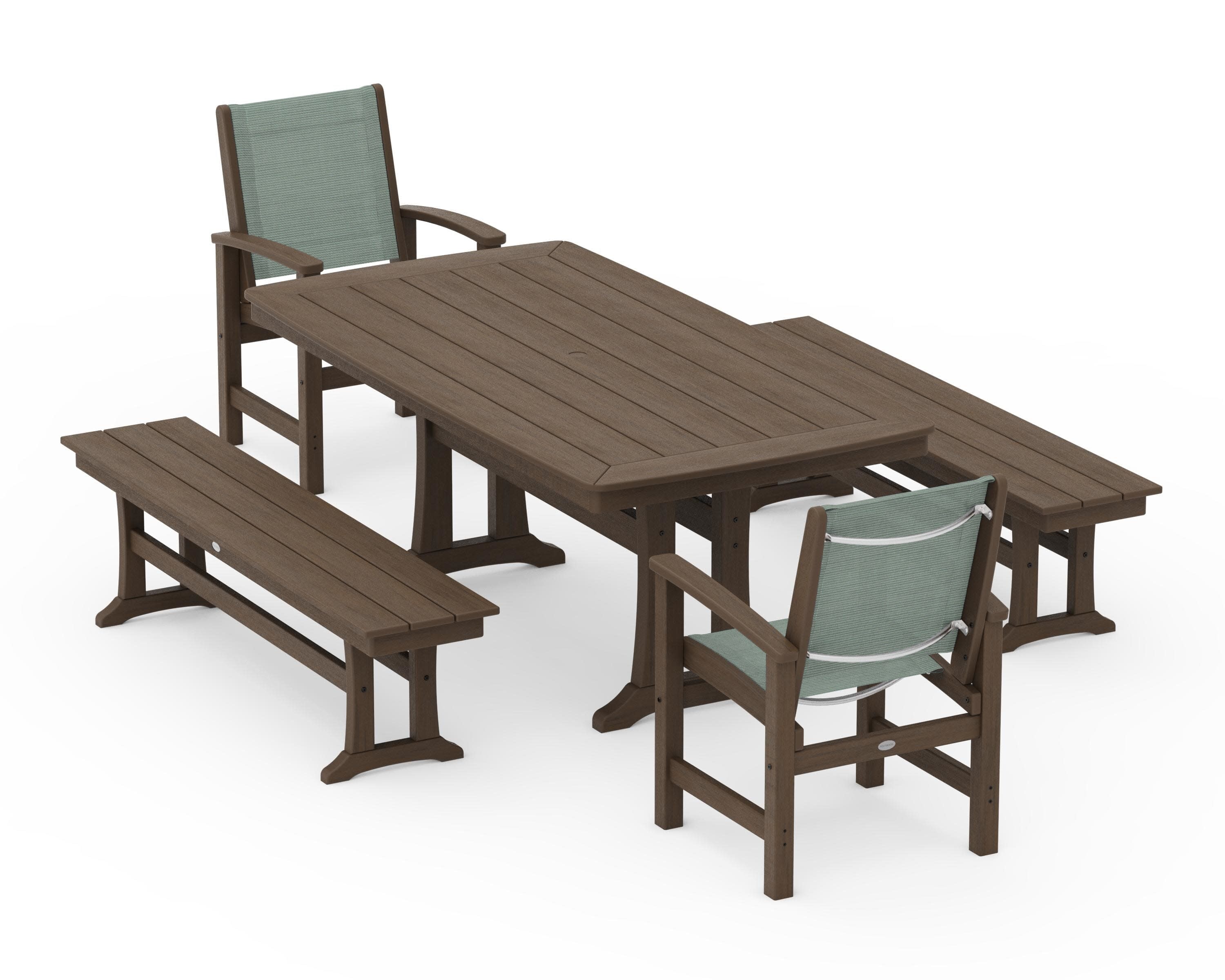 Coastal 5-Piece Dining Set with Trestle Legs and Benches in Kona / Dupioni Sea Mist Sling