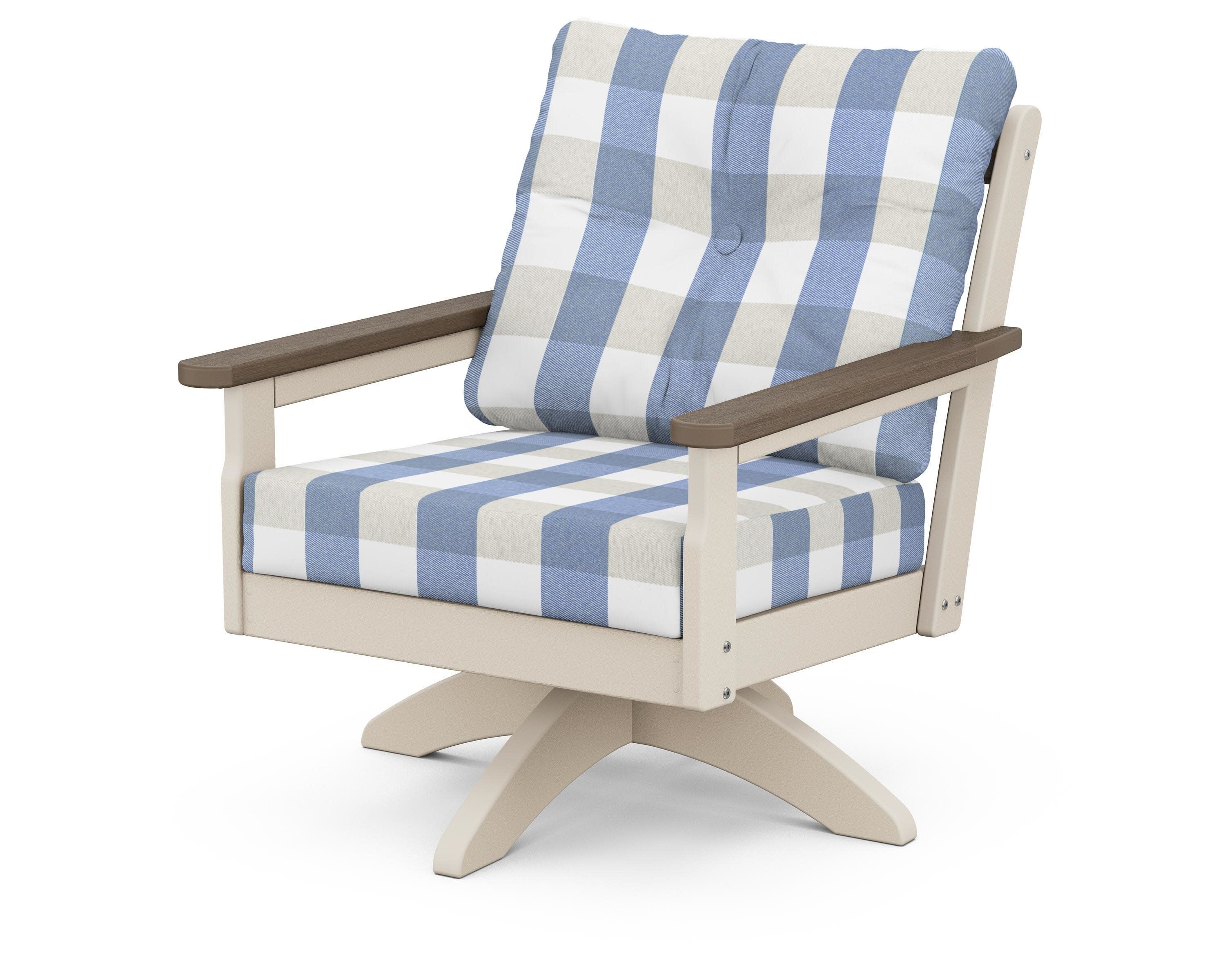 Vineyard Deep Seating Swivel Chair in Sand / Kona / Buffalo Plaid Sky Blue