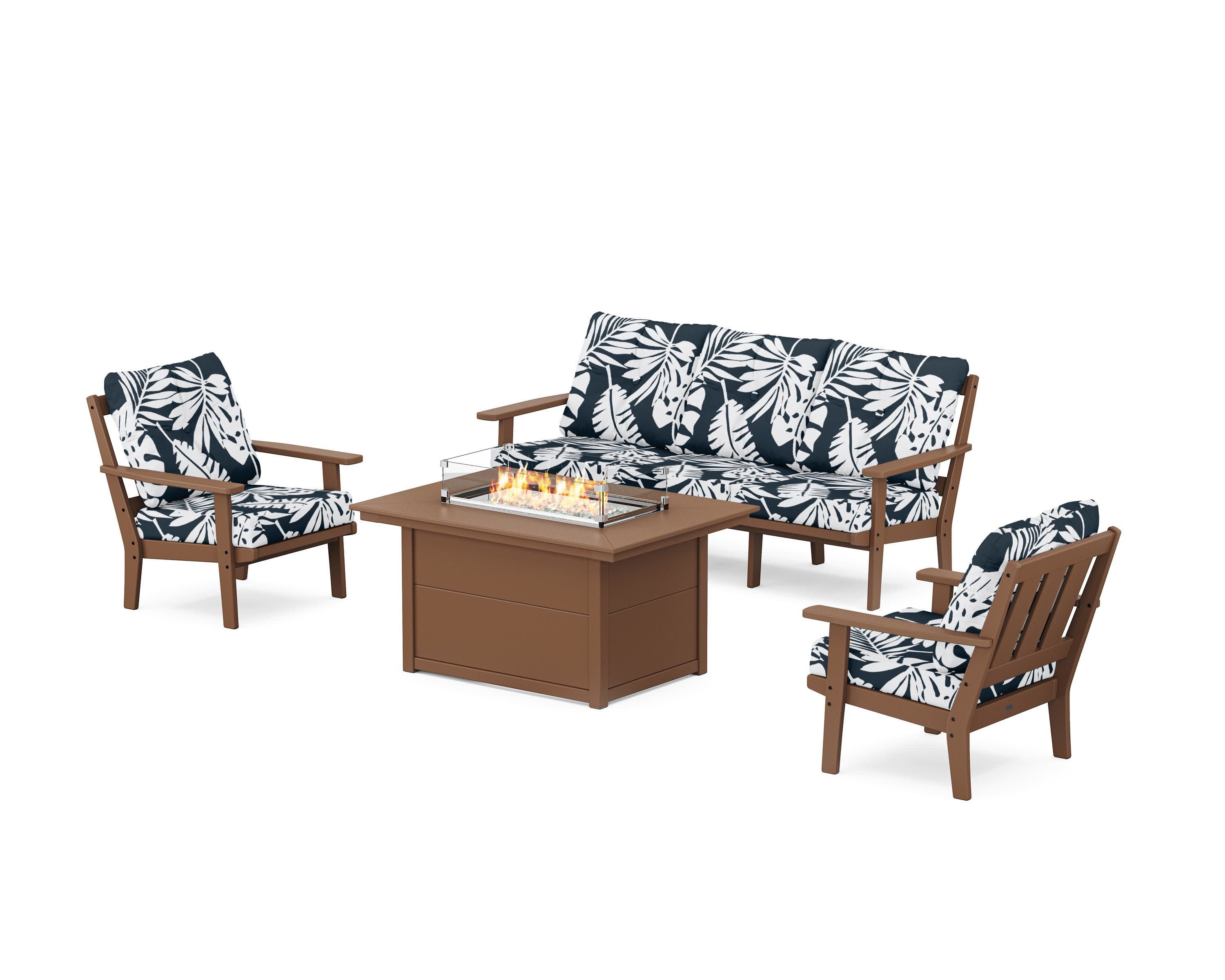 Oxford Deep Seating Fire Pit Table Set in Teak / Leaf Marine Indigo