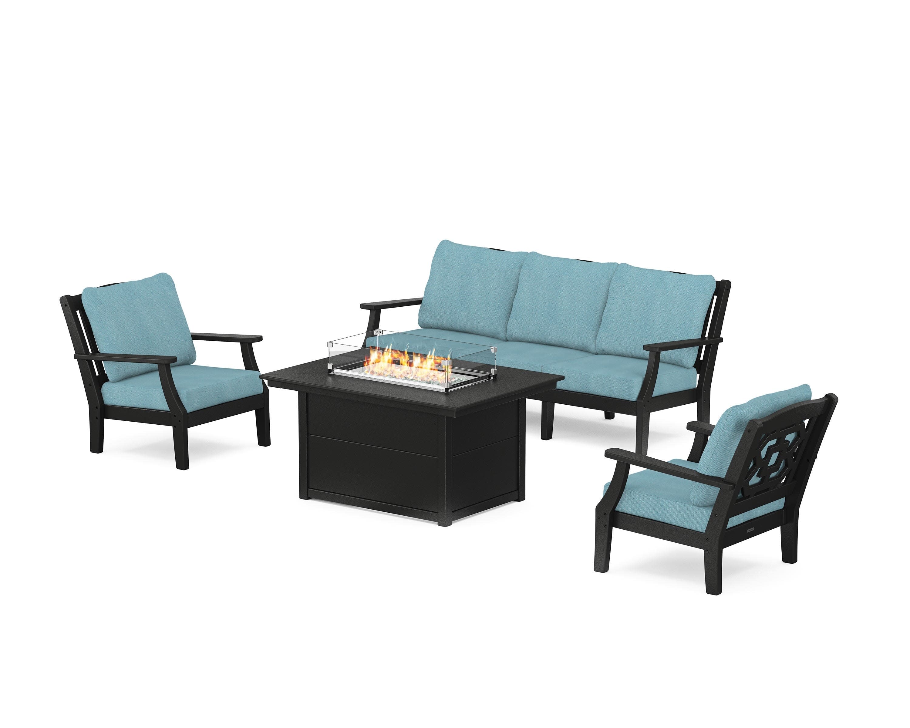 Chinoiserie Deep Seating Fire Pit Table Set in Black / Lattice Sky Blue