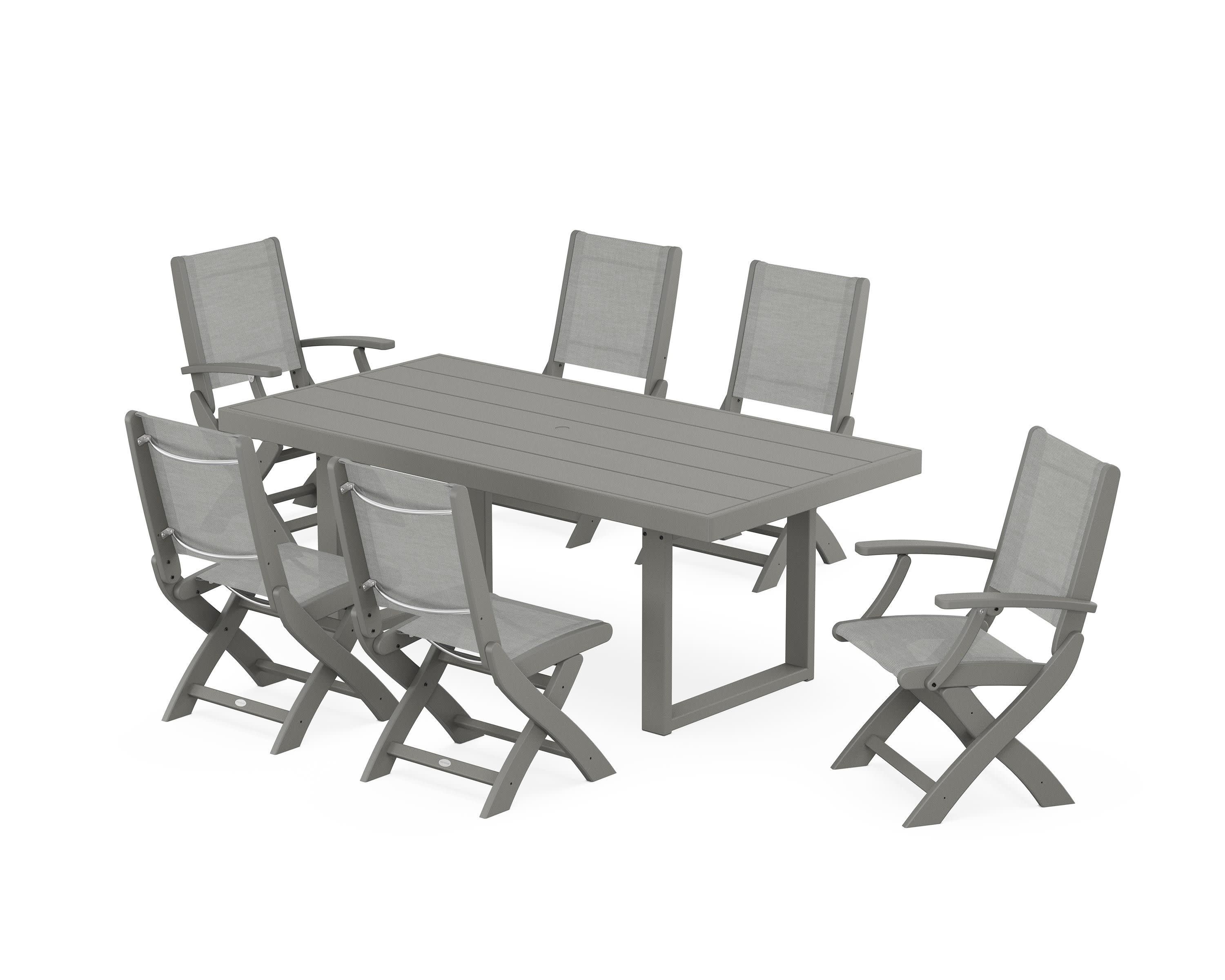 Coastal Folding Chair 7-Piece Dining Set with Trestle Legs in Slate Grey / Metallic Sling
