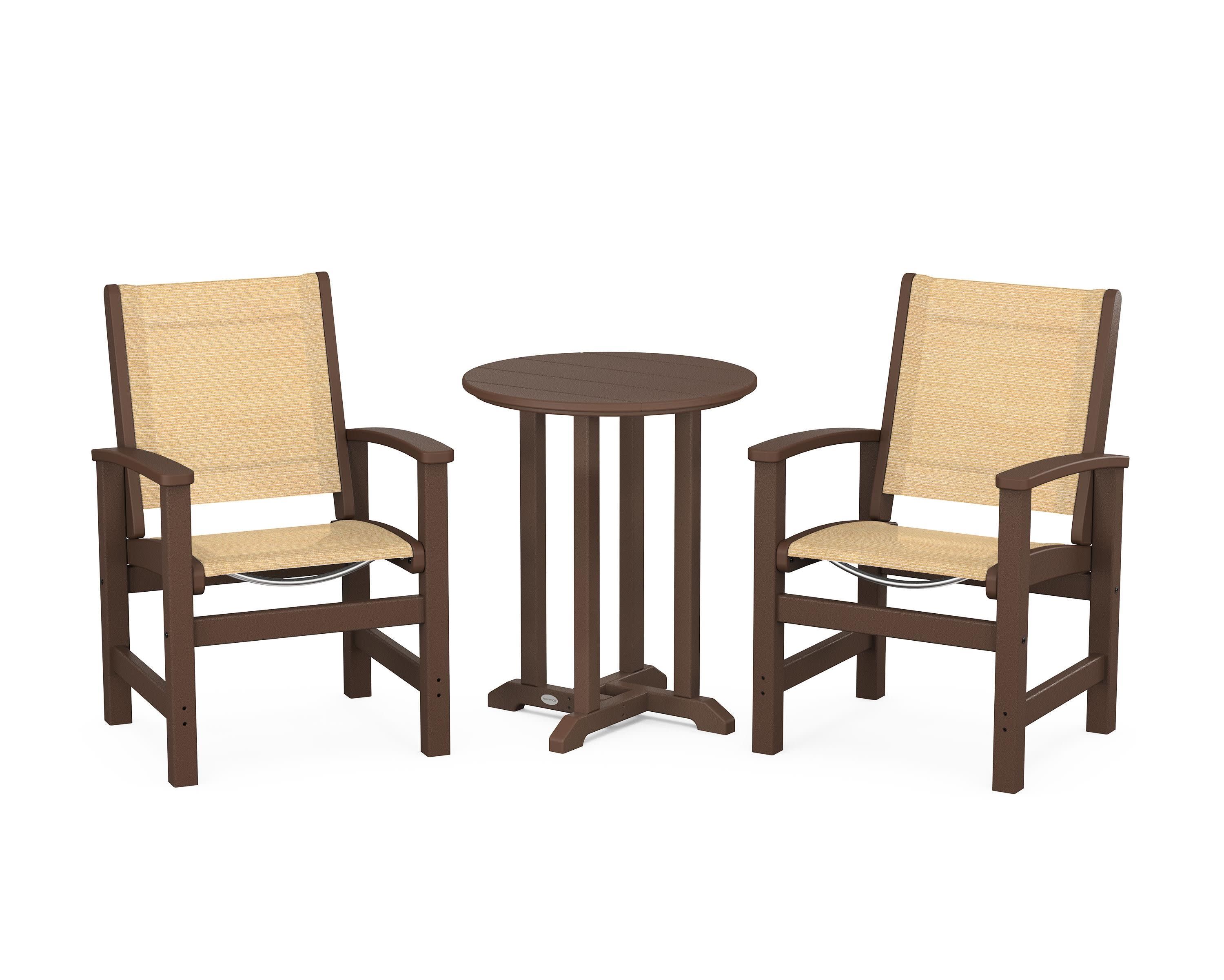 Coastal 3-Piece Round Bistro Dining Set in Mahogany / Dupioni Apricot Sling