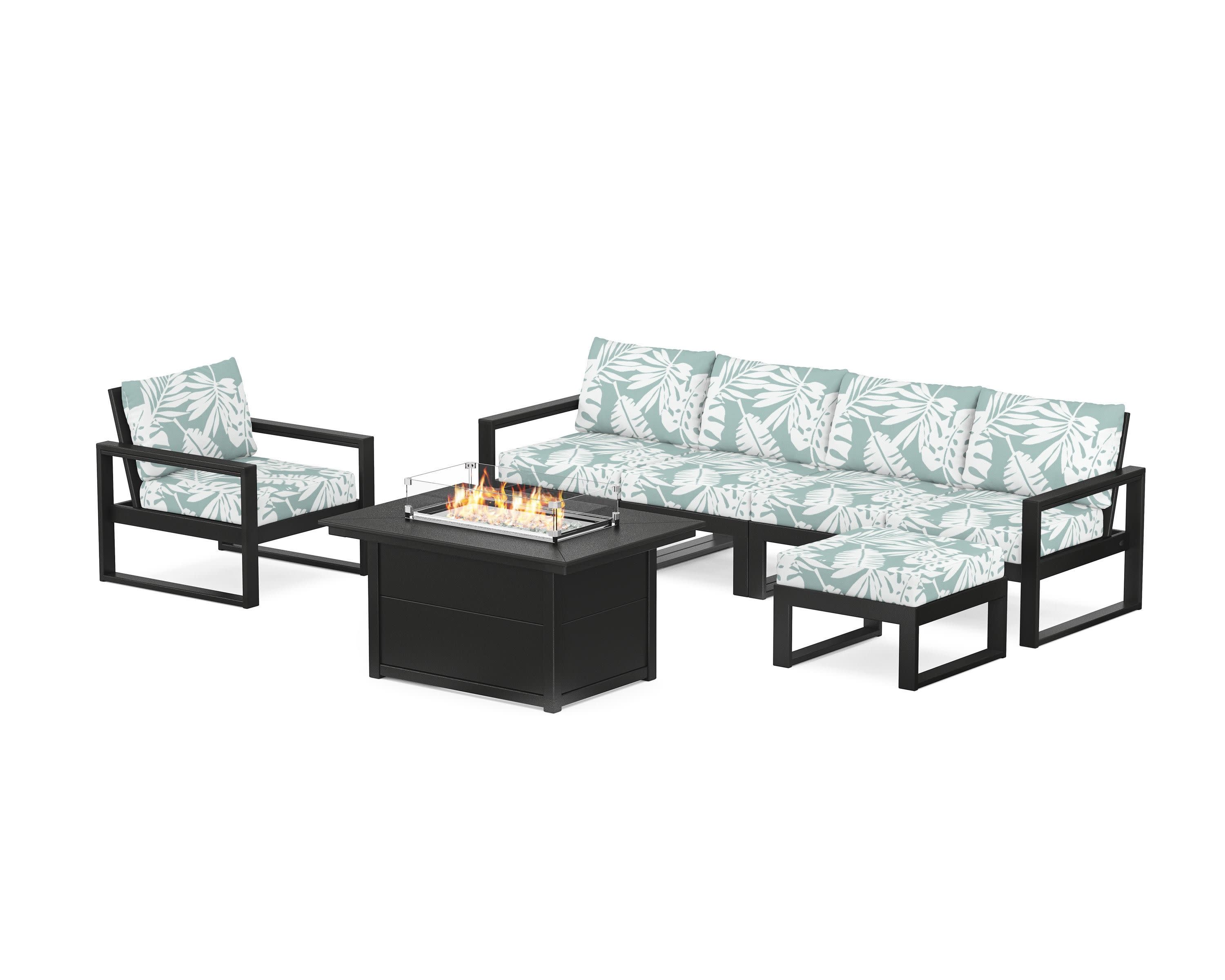EDGE Sectional Lounge and Fire Pit Set in Black / Leaf Glacier Spa