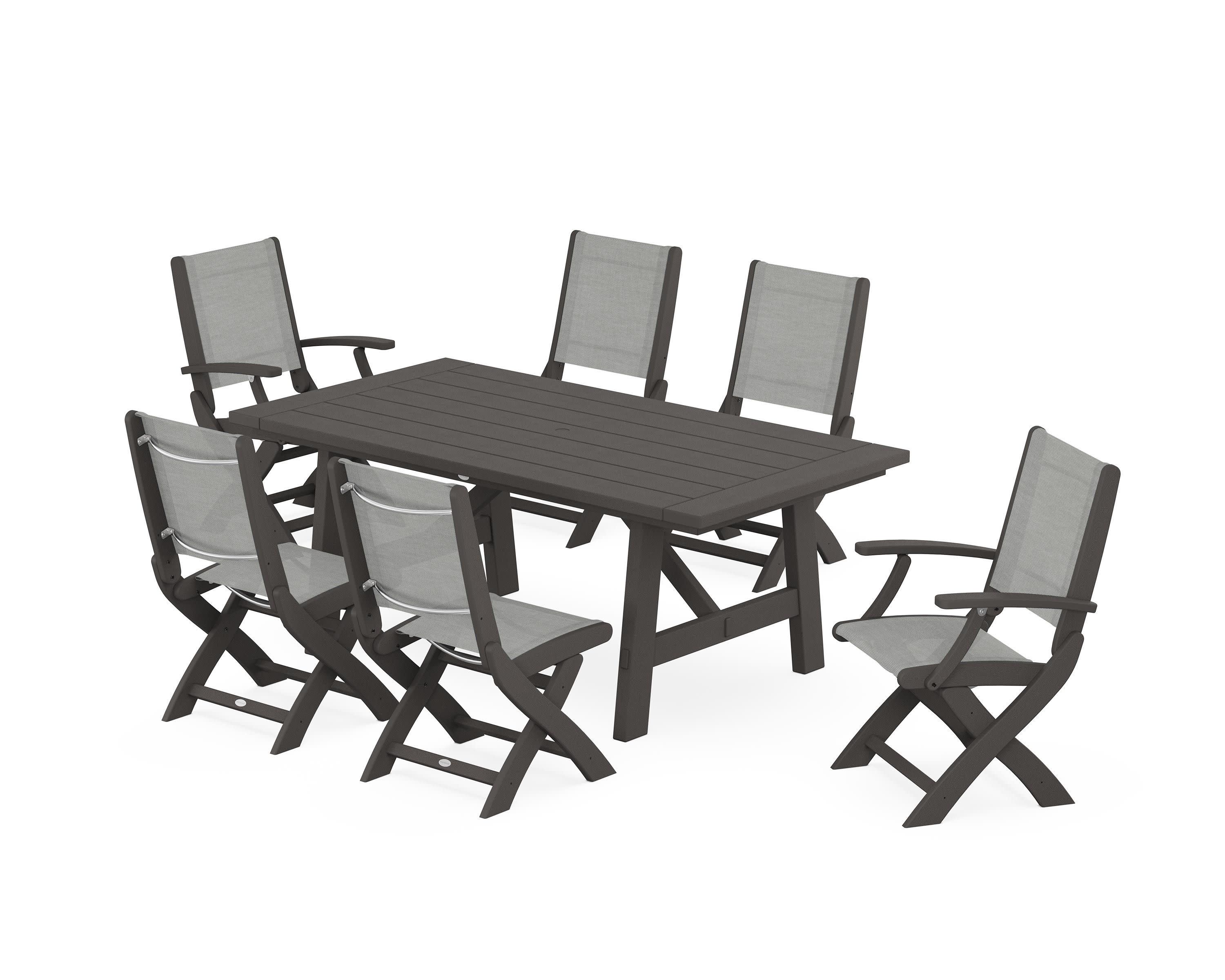 Coastal Folding Chair 7-Piece Rustic Farmhouse Dining Set in Vintage Coffee / Metallic Sling