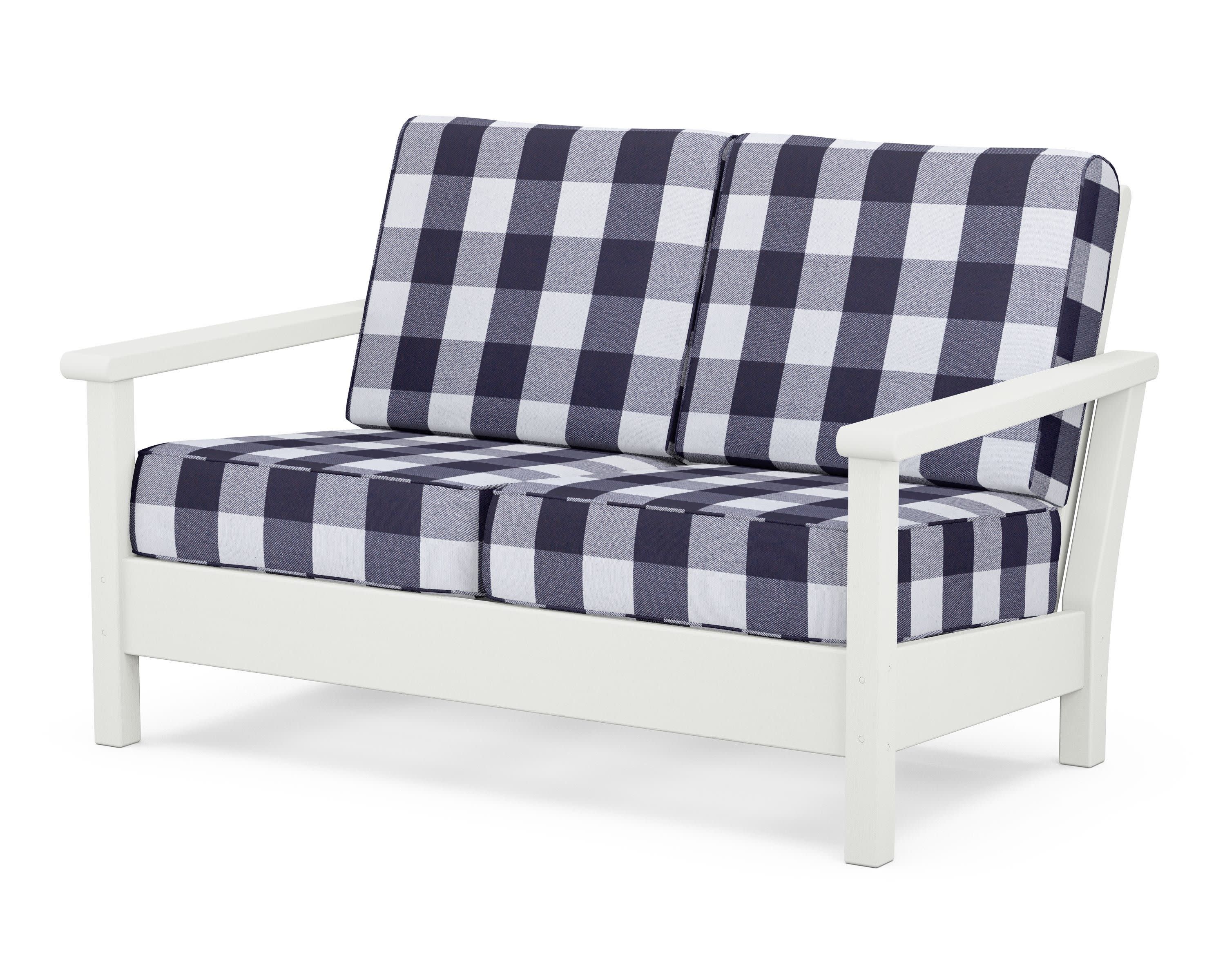 Harbour Deep Seating Loveseat in Vintage White / Buffalo Plaid Navy
