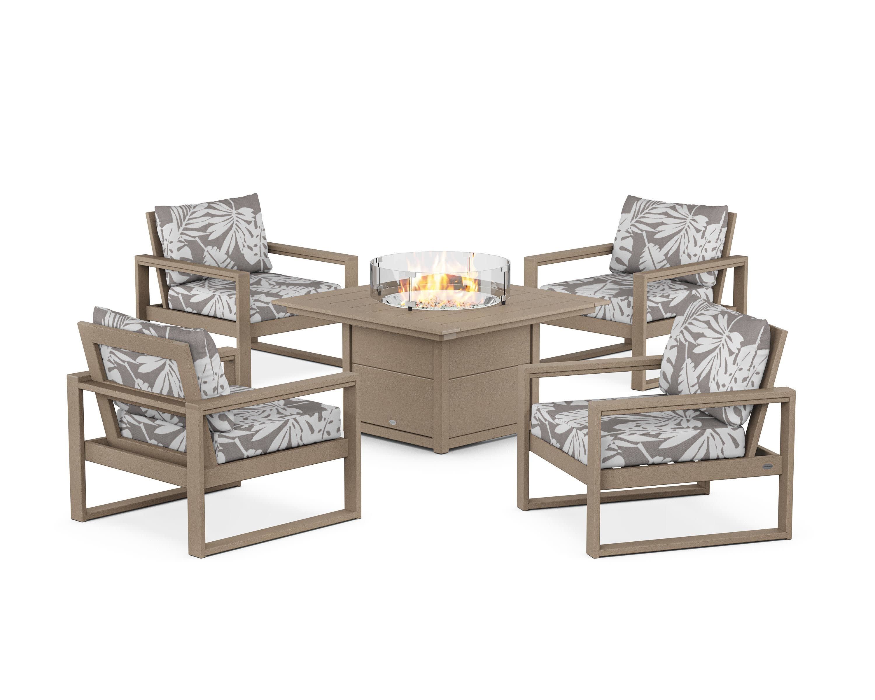 EDGE Sectional 5-Piece Deep Seating Set with Fire Pit Table in Vintage Sahara / Leaf Grey Mist