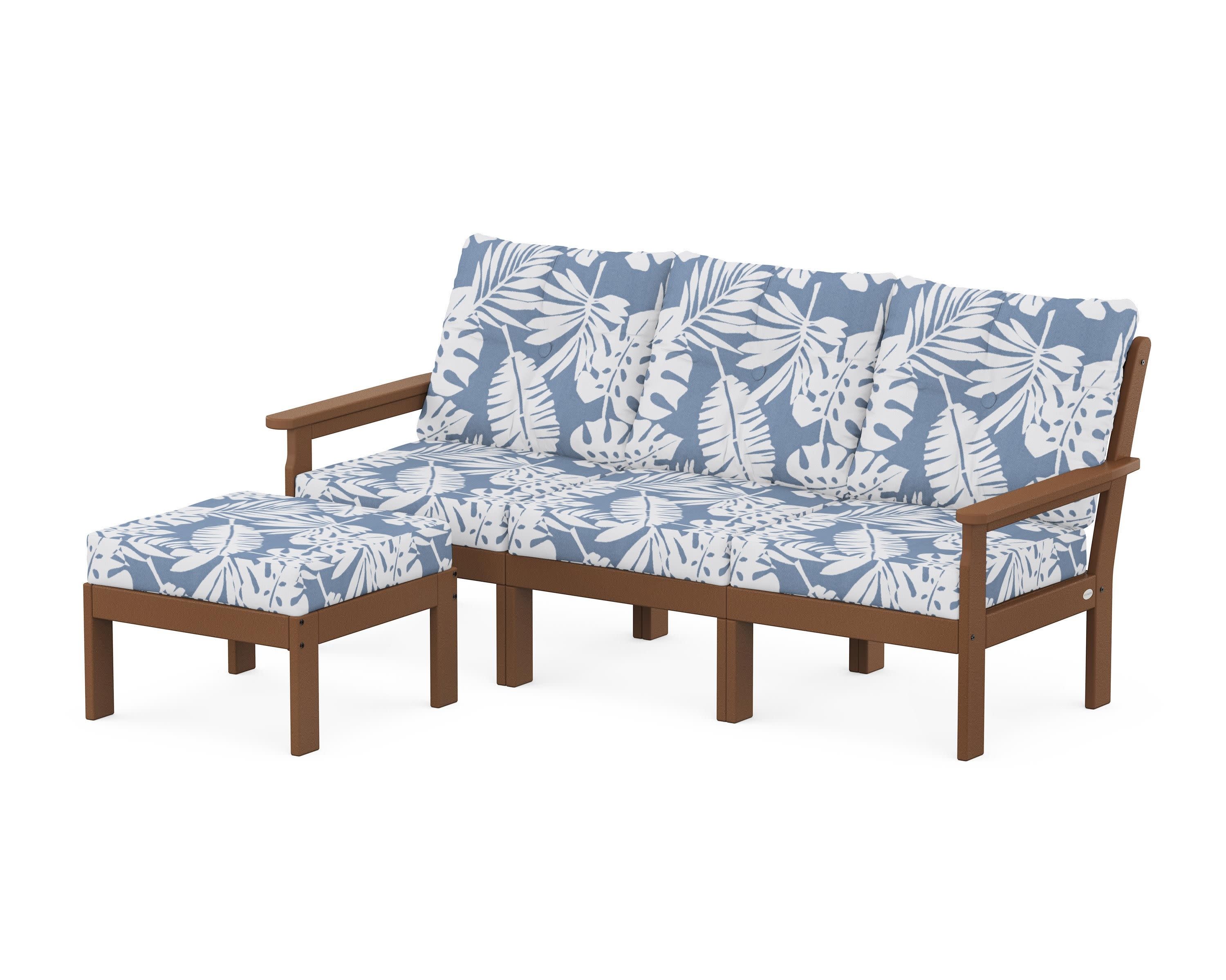 Vineyard 4-Piece Sectional with Ottoman in Teak / Leaf Sky Blue