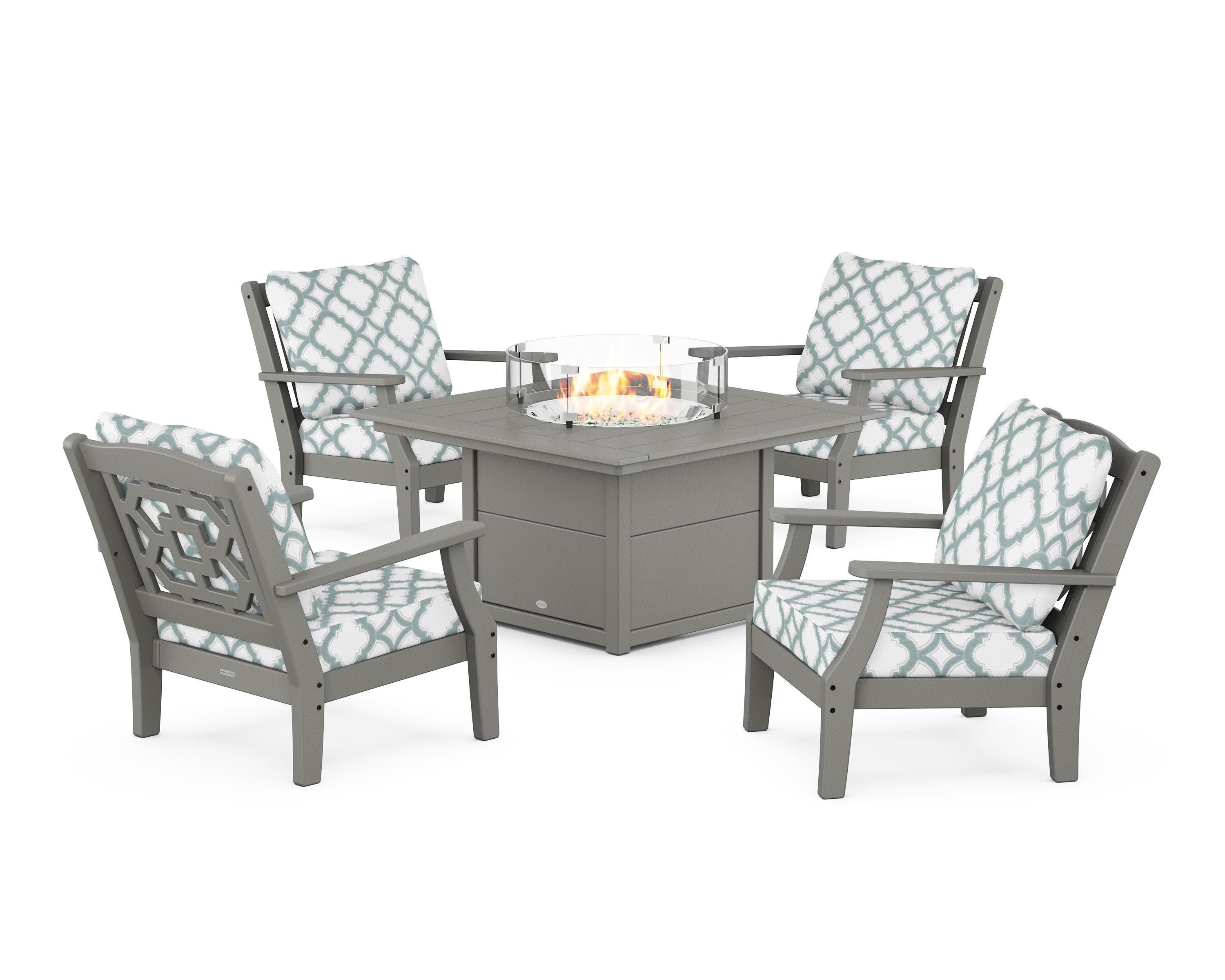 Chinoiserie 5-Piece Deep Seating Set with Fire Pit Table in Slate Grey / Trellis Glacier Spa