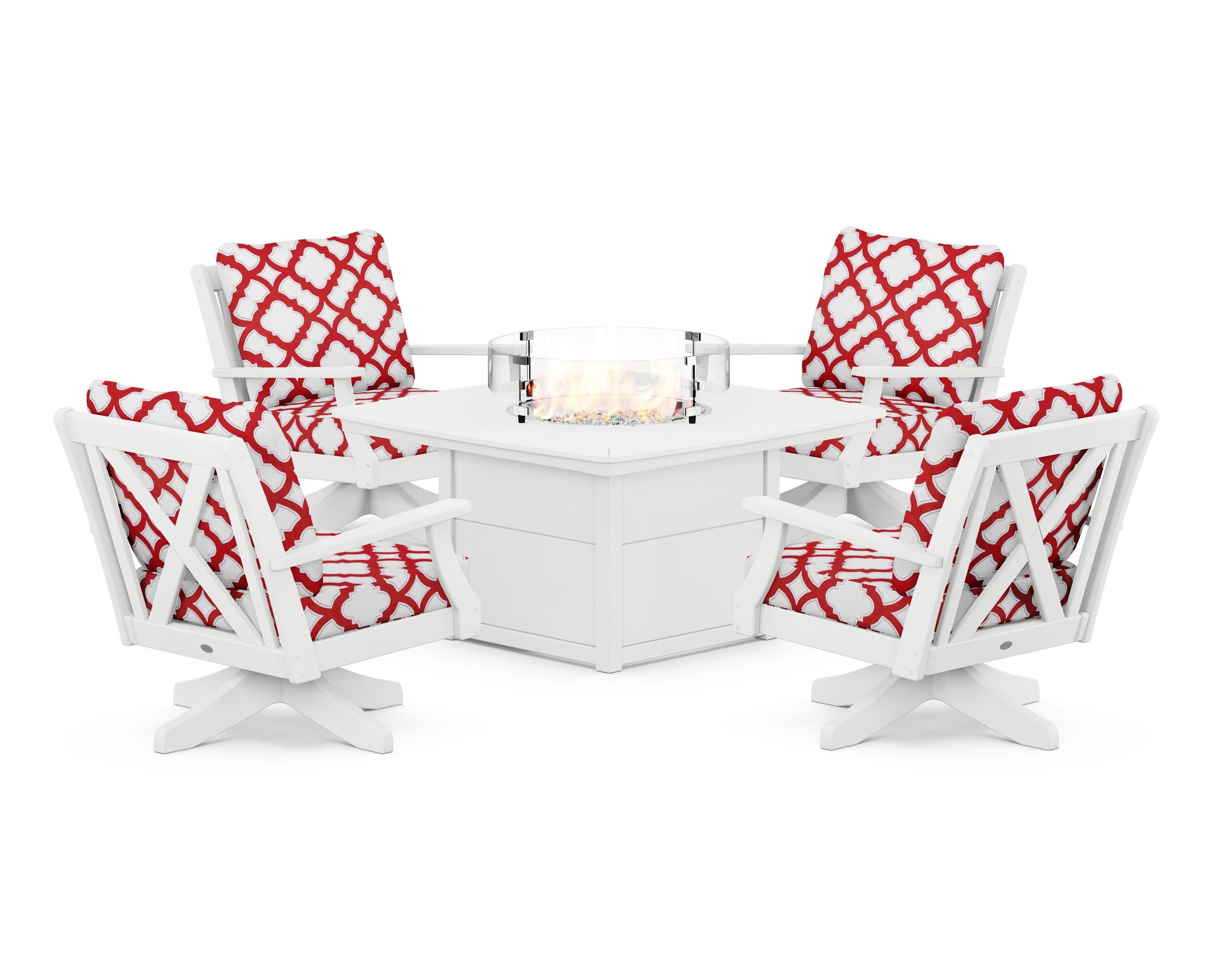 Braxton 5-Piece Deep Seating Swivel Conversation Set with Fire Pit Table in White / Trellis Crimson