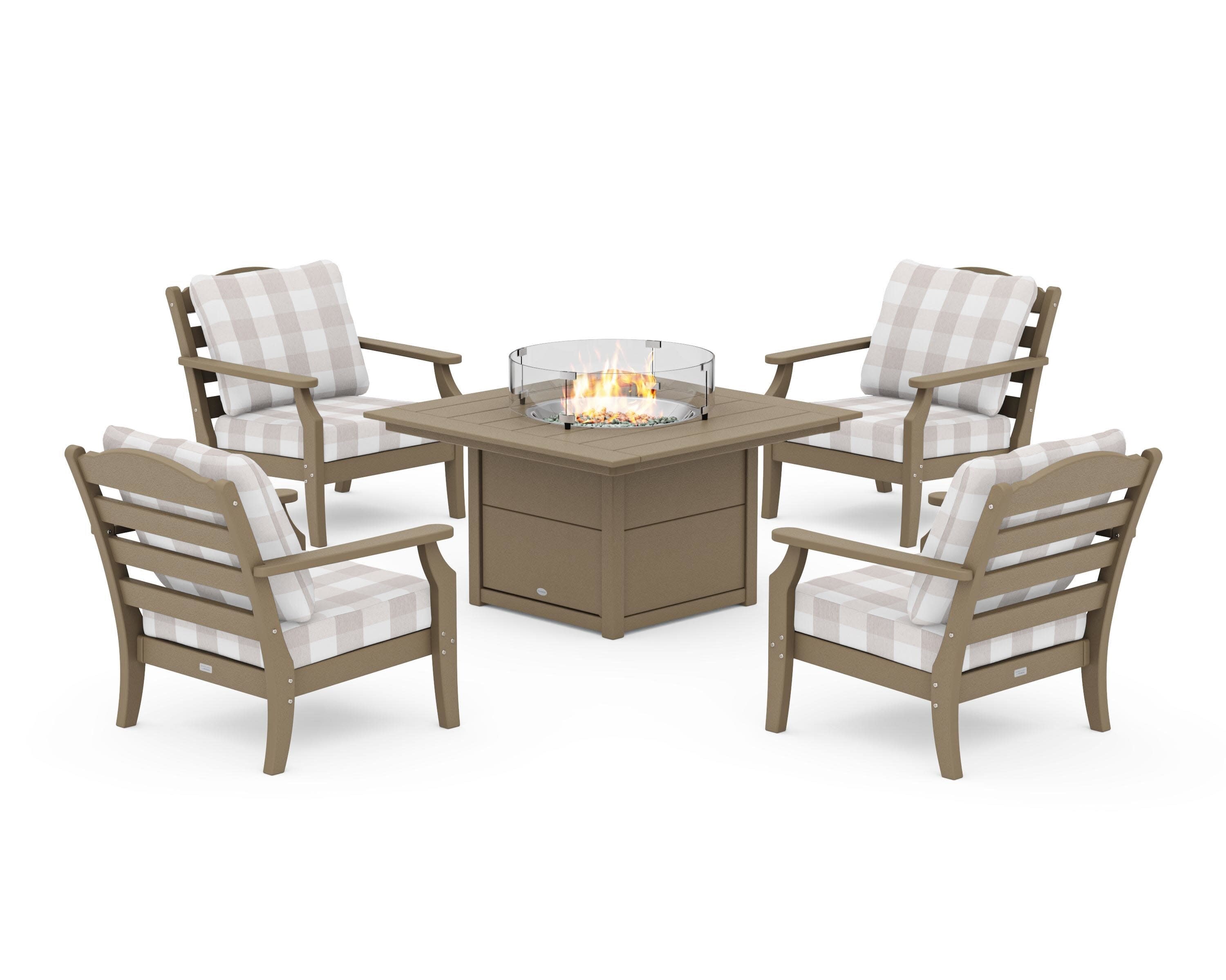 Savannah 5-Piece Deep Seating Set with Fire Pit Table in Vintage Sahara / Buffalo Plaid Dune Burlap