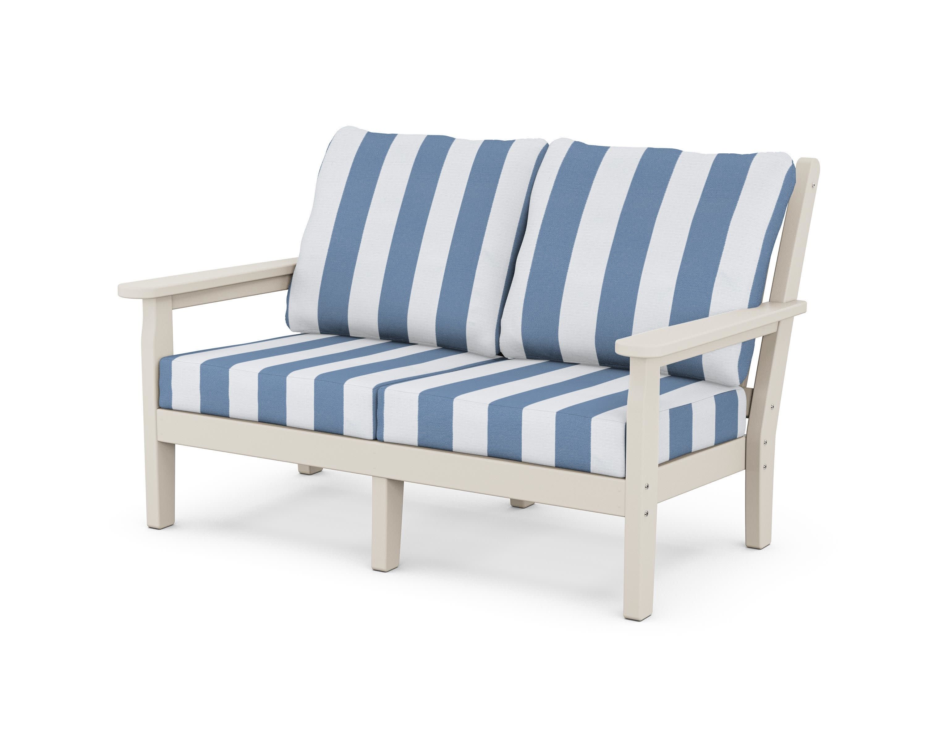 Chippendale Deep Seating Loveseat in Sand / Cabana Stripe Sky Blue