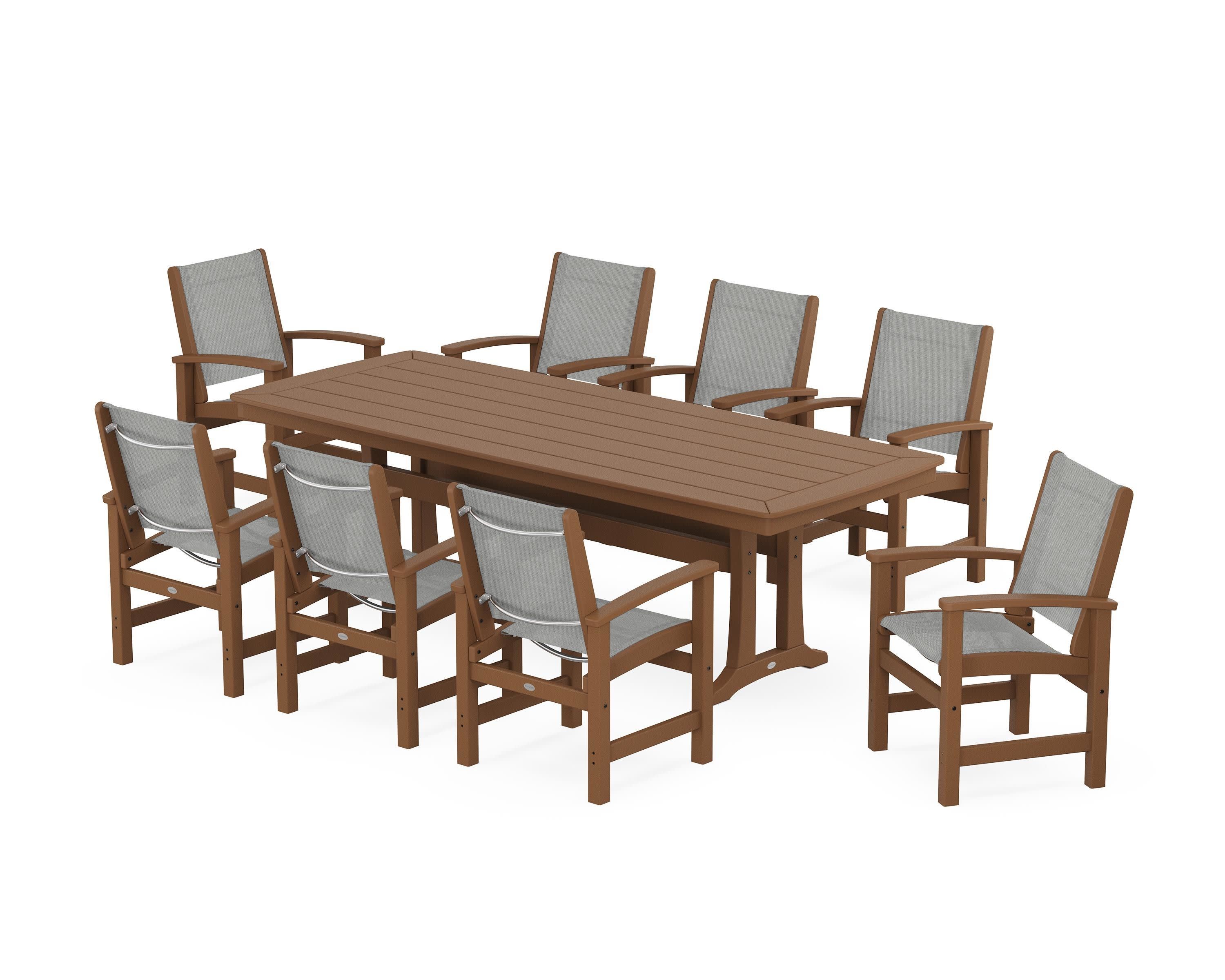 Coastal 9-Piece Dining Set with Trestle Legs in Teak / Metallic Sling