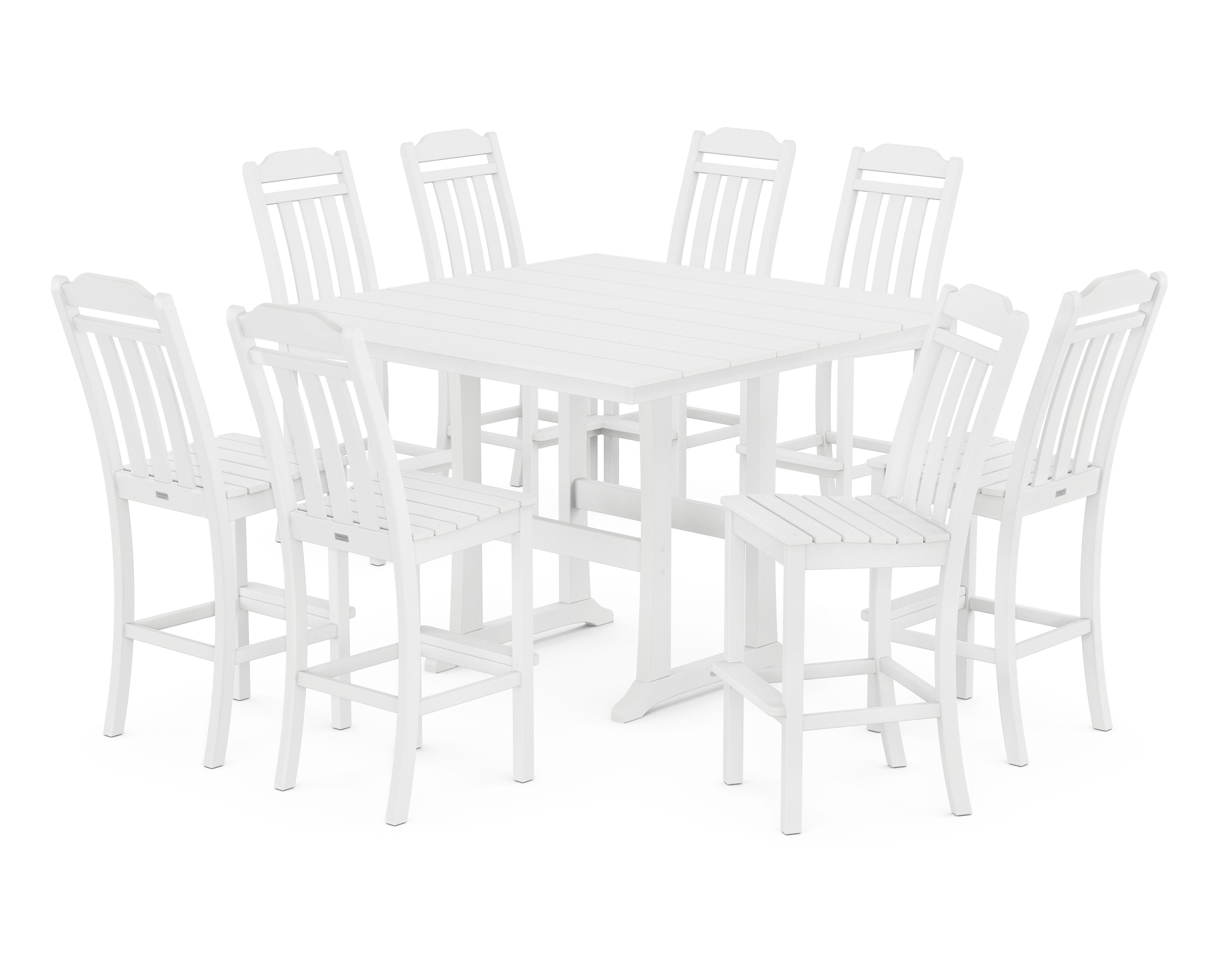 Cottage 9-Piece Square Farmhouse Side Chair Bar Set with Trestle Legs in White