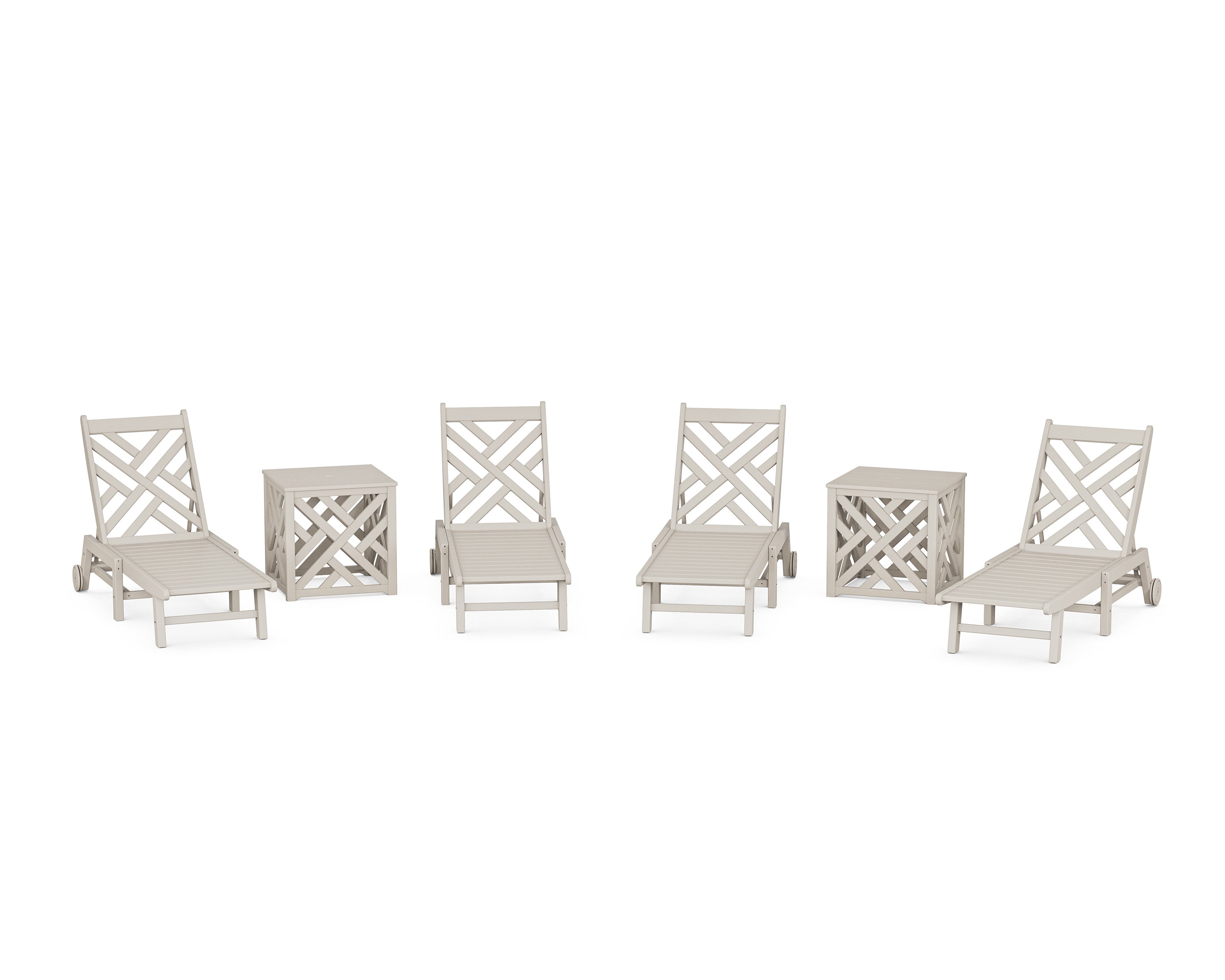 Chippendale 6-Piece Chaise Set with Wheels and Umbrella Stand Accent Table in Sand
