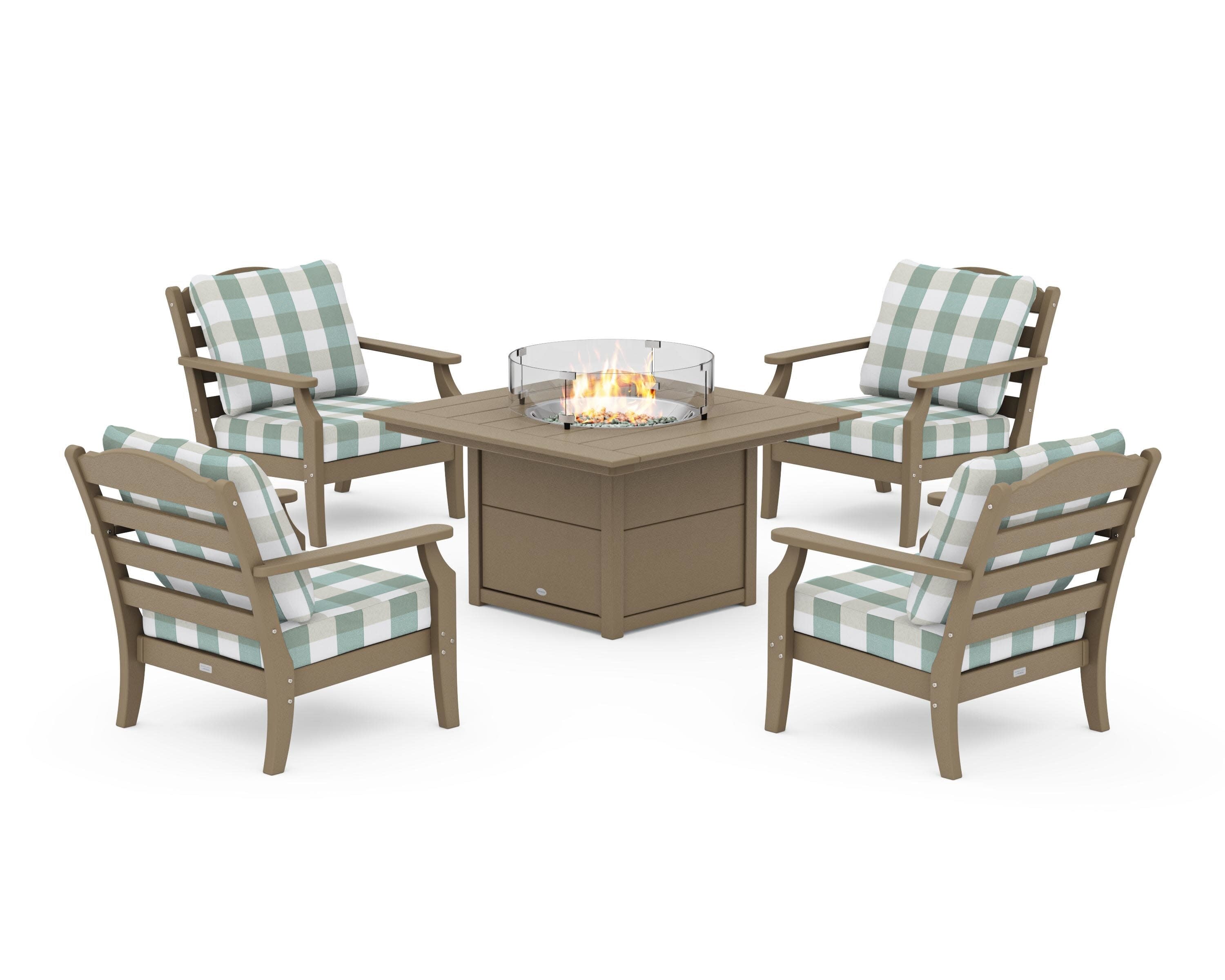 Savannah 5-Piece Deep Seating Set with Fire Pit Table in Vintage Sahara / Buffalo Plaid Glacier Spa