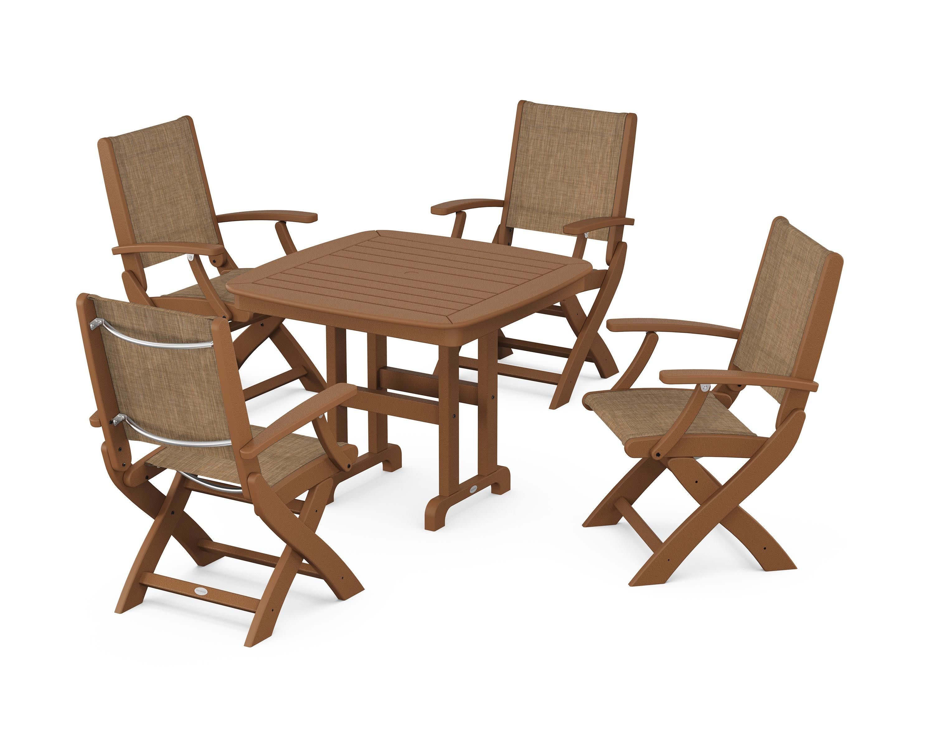 Coastal Folding Chair 5-Piece Dining Set in Teak / Burlap Sling